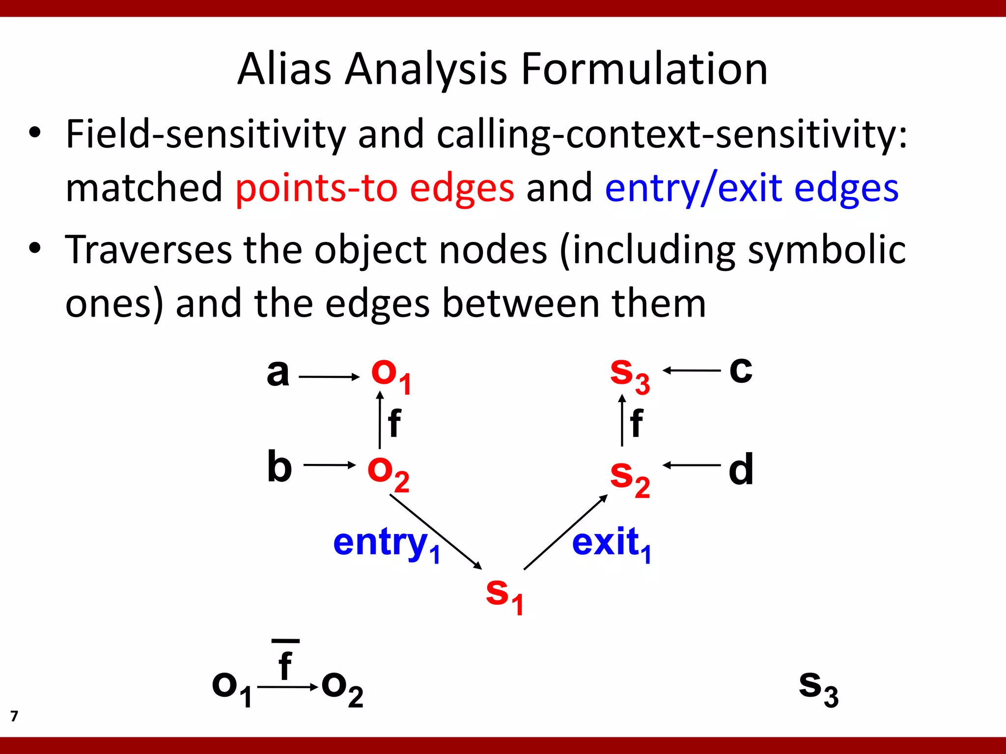 Alias Analysis Formulation
    • Field-sensitivity and calling-context-sensitivity:
      matched points-to edges and entry/exit edges
    • Traverses the object nodes (including symbolic
      ones) and the edges between them
                  a      o1           s3     c
                         f             f
                  b     o2            s2     d
                      entry1        exit1
                               s1

              o1 f o2                            s3
7
 
