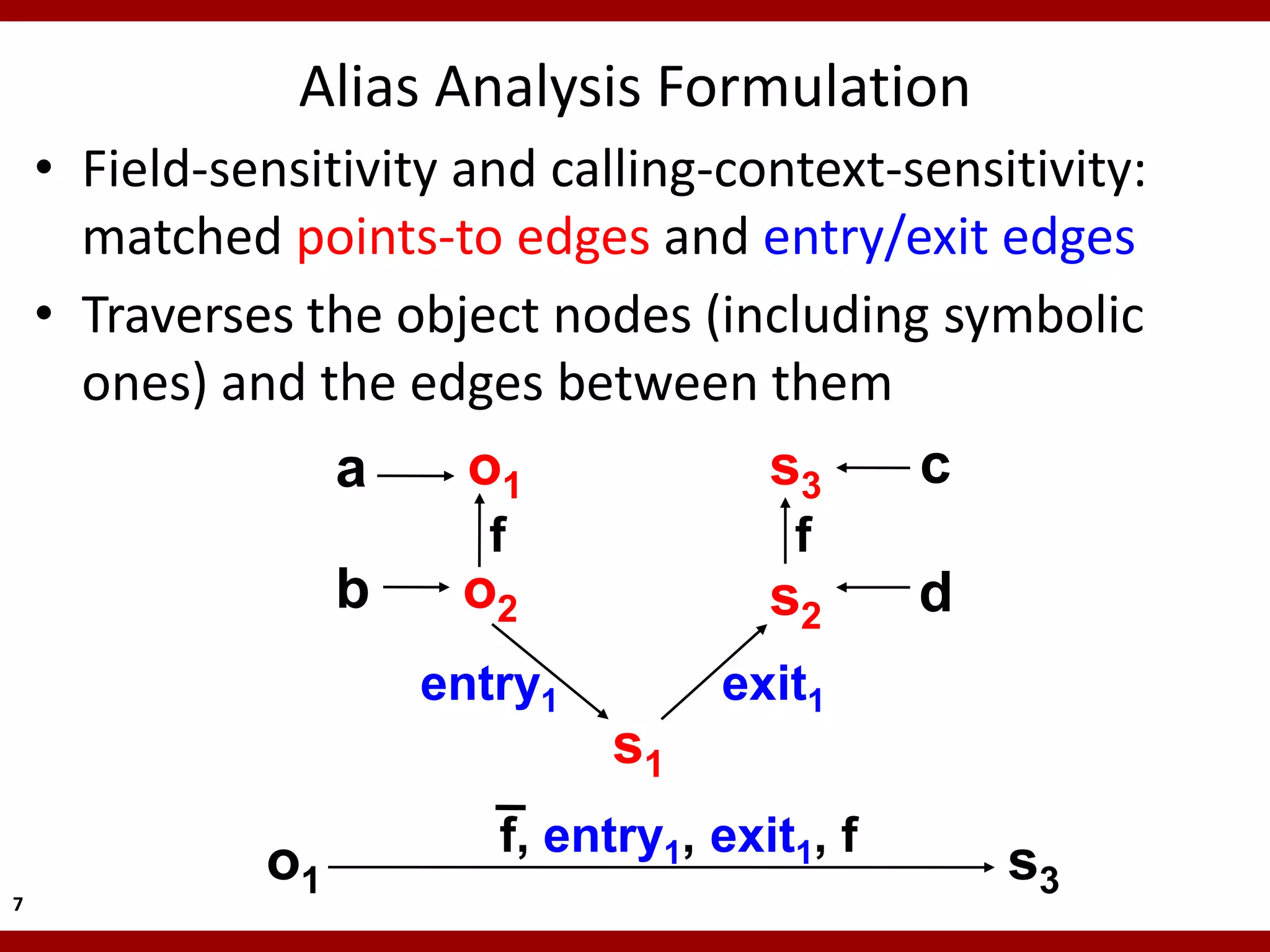 Alias Analysis Formulation
    • Field-sensitivity and calling-context-sensitivity:
      matched points-to edges and entry/exit edges
    • Traverses the object nodes (including symbolic
      ones) and the edges between them
                  a      o1           s3     c
                         f               f
                   b    o2              s2      d
                       entry1        exit1
                                s1
                          f, entry1, exit1, f
              o1                                    s3
7
 