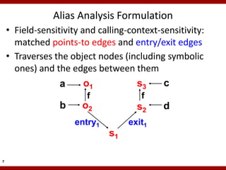 Alias Analysis Formulation
    • Field-sensitivity and calling-context-sensitivity:
      matched points-to edges and entry/exit edges
    • Traverses the object nodes (including symbolic
      ones) and the edges between them
                  a      o1           s3     c
                         f             f
                  b     o2            s2     d
                      entry1        exit1
                               s1

7
 