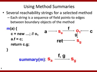 Using Method Summaries
    • Several reachability strings for a selected method
      – Each string is a sequence of field points-to edges
        between boundary objects of the method
      m(a) {                                   f
                              a         sa          o1       c
        c = new …; // o1                            g
        a.f = c;                                        sg
                                       ret
        return c.g;
      }
                                        f, g
             summary(m):          sa               sg
8
 