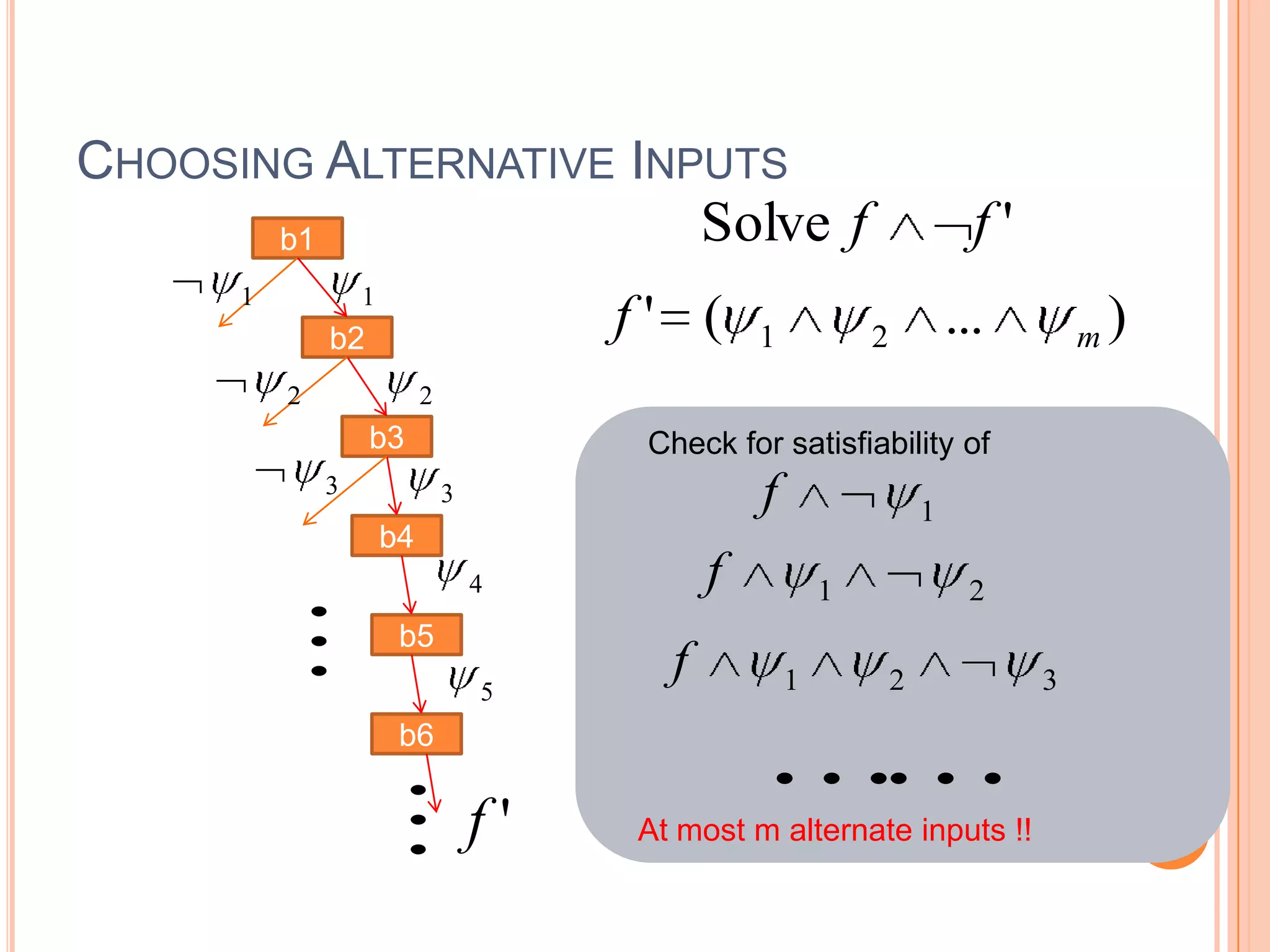 CHOOSING ALTERNATIVE INPUTS b1 b6 b3 b2 b4 b5 11 2 3 4 5 2 3  )...(' 21 mf 1f 21f 321f  'Solve ff 'f At most m alternate inputs !! Check for satisfiability of  1 7 