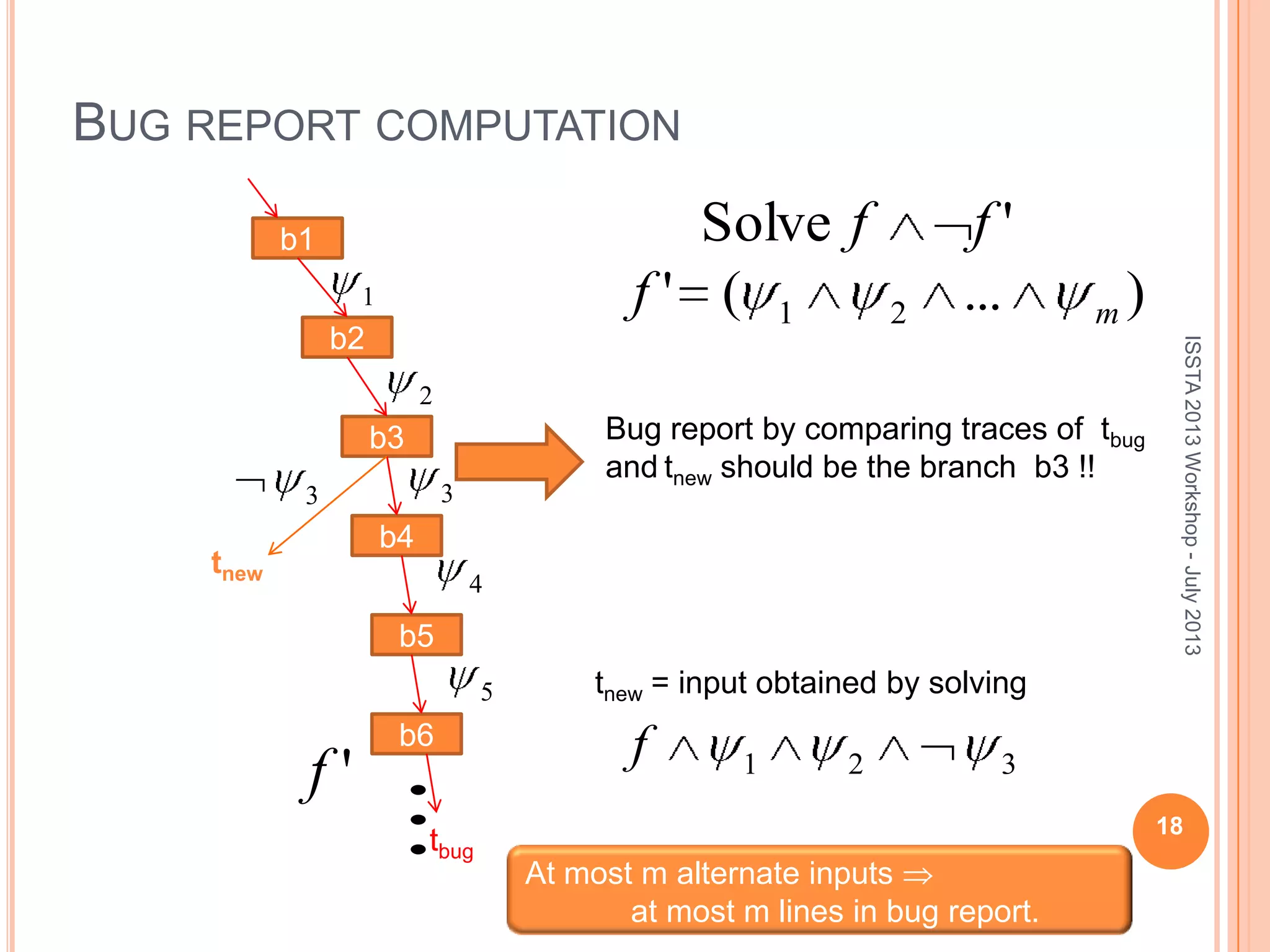 BUG REPORT COMPUTATION b1 b6 b3 b2 b4 b5 1 2 3 4 5 3  'f 321f tnew = input obtained by solving Bug report by comparing traces of tbug and tnew should be the branch b3 !! At most m alternate inputs at most m lines in bug report. tbug tnew 18 )...(' 21 mf 'Solve ff ISSTA2013Workshop-July2013 