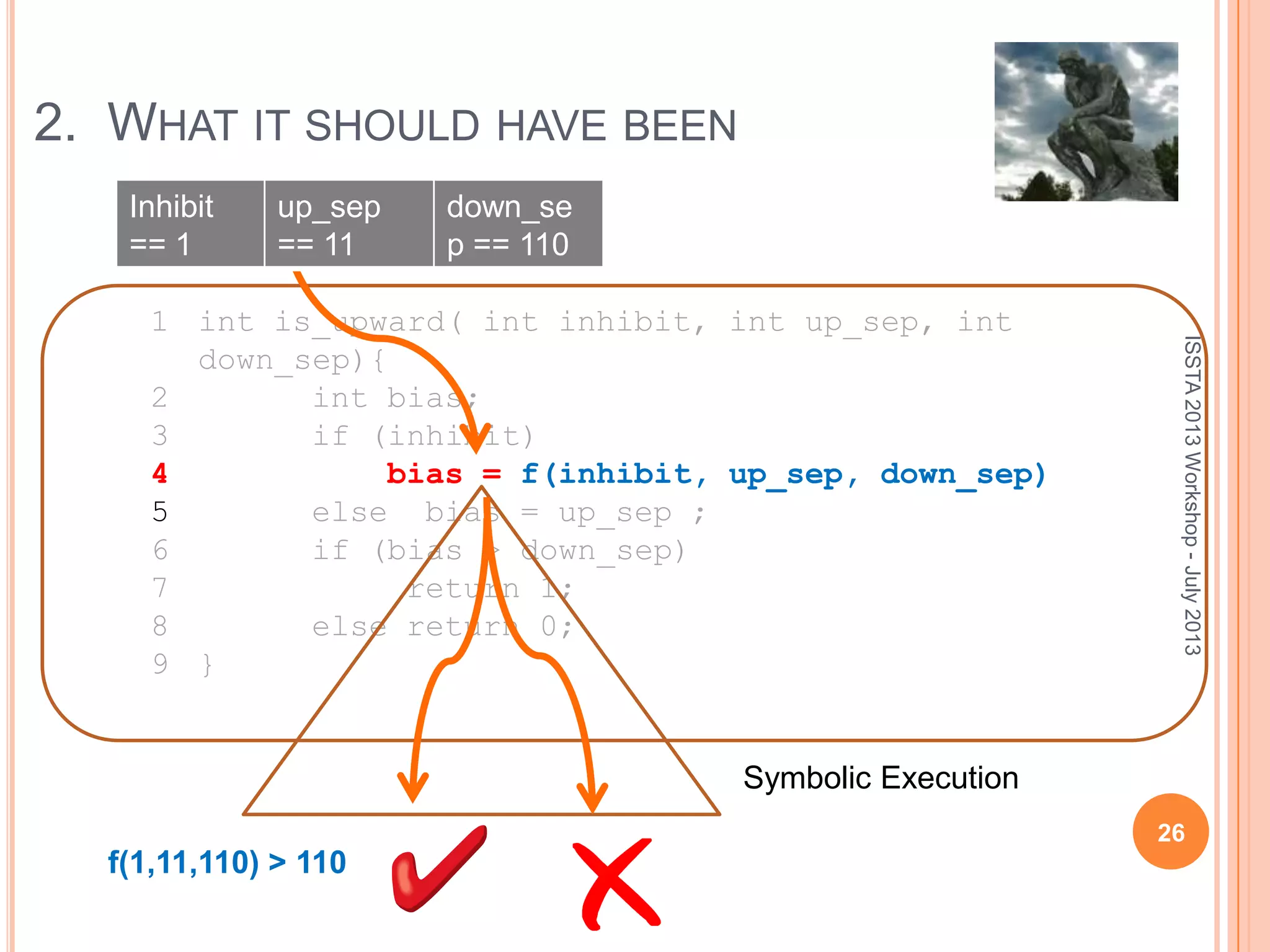 2. WHAT IT SHOULD HAVE BEEN 1 int is_upward( int inhibit, int up_sep, int down_sep){ 2 int bias; 3 if (inhibit) 4 bias = f(inhibit, up_sep, down_sep) 5 else bias = up_sep ; 6 if (bias > down_sep) 7 return 1; 8 else return 0; 9 } Inhibit == 1 up_sep == 11 down_se p == 110 Symbolic Execution f(1,11,110) > 110 ISSTA2013Workshop-July2013 26 
