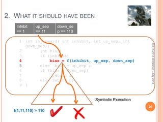 2. WHAT IT SHOULD HAVE BEEN
1 int is_upward( int inhibit, int up_sep, int
down_sep){
2 int bias;
3 if (inhibit)
4 bias = f(inhibit, up_sep, down_sep)
5 else bias = up_sep ;
6 if (bias > down_sep)
7 return 1;
8 else return 0;
9 }
Inhibit
== 1
up_sep
== 11
down_se
p == 110
Symbolic Execution
f(1,11,110) > 110
ISSTA2013Workshop-July2013
26
 