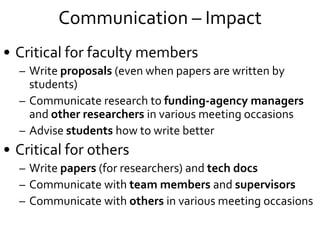 Communication – Impact
• Critical for faculty members
– Write proposals (even when papers are primarily
written by student...
