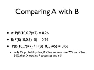 Comparing A with B
• A: P(B(10,0.7)=7) = 0.26
• B: P(B(10,0.5)=5) = 0.24
• P(B(10,.7)=7) * P(B(10,.5)=5) = 0.06
• only 6% probability that, if X has success rate 70% andY has
50%, then X obtains 7 successes andY 5
 