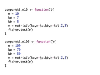 compareAB_n10 <- function(){
n = 10
ka = 7
kb = 5
m = matrix(c(ka,n-ka,kb,n-kb),2,2)
fisher.test(m)
}
compareAB_n100 <- function(){
n = 100
ka = 70
kb = 50
m = matrix(c(ka,n-ka,kb,n-kb),2,2)
fisher.test(m)
}
 