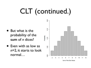 CLT (continued.)
• But what is the
probability of the
sum of n dices?
• Even with as low as
n=2, it starts to look
normal…
 