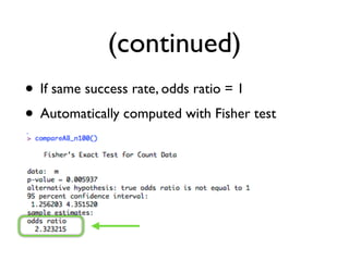 (continued)
• If same success rate, odds ratio = 1
• Automatically computed with Fisher test
 