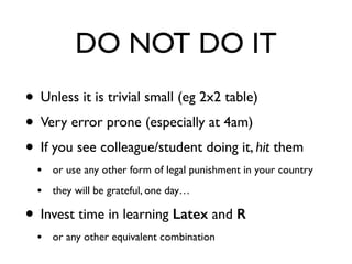 DO NOT DO IT
• Unless it is trivial small (eg 2x2 table)
• Very error prone (especially at 4am)
• If you see colleague/student doing it, hit them
• or use any other form of legal punishment in your country
• they will be grateful, one day…
• Invest time in learning Latex and R
• or any other equivalent combination
 