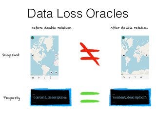 Data Loss Oracles
Snapshot
Property
…
‘content_description':
…
…
‘content_description':
...
Before double rotation After double rotation
 