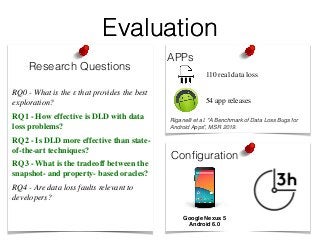 EvaluationEvaluation
Research Questions
APPs
Conﬁguration
Google Nexus 5
Android 6.0
RQ0 - What is the ε that provides the best
exploration?
RQ1 - How effective is DLD with data
loss problems?
RQ2 - Is DLD more effective than state-
of-the-art techniques?
RQ3 - What is the tradeoff between the
snapshot- and property- based oracles?
RQ4 - Are data loss faults relevant to
developers?
110 real data loss
54 app releases
Riganelli et al. "A Benchmark of Data Loss Bugs for
Android Apps”, MSR 2019.
 