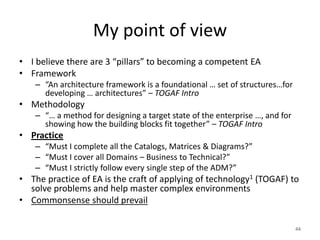 My point of view
• I believe there are 3 “pillars” to becoming a competent EA
• Framework
    – “An architecture framework is a foundational … set of structures…for
      developing … architectures” – TOGAF Intro
• Methodology
    – “… a method for designing a target state of the enterprise …, and for
      showing how the building blocks fit together” – TOGAF Intro
• Practice
    – “Must I complete all the Catalogs, Matrices & Diagrams?”
    – “Must I cover all Domains – Business to Technical?”
    – “Must I strictly follow every single step of the ADM?”
• The practice of EA is the craft of applying of technology1 (TOGAF) to
  solve problems and help master complex environments
• Commonsense should prevail

                                                                              44
 