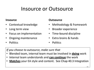 Insource or Outsource
Insource                       Outsource
• Contextual knowledge         • Methodology & framework
• Long term view               • Broader experience
• Focus on implementation      • Time-bound discipline
• Ongoing maintenance          • Extra brains & hands
• Politics                     • Politics

If you choose to outsource, make sure that
• Blended team, internal team must be involved in doing work
• Internal team understands and can continue the work
• Matches your EA style and content. See Chap 40.3 Integration
                                                            45
 