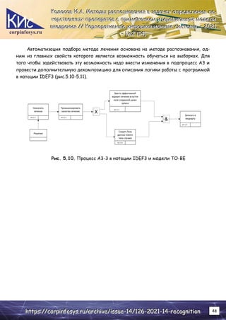 corpinfosys.ru
К
К
Ко
о
ол
л
ло
о
ос
с
со
о
ов
в
в И
И
И.
..А
А
А.
.. М
М
Ме
е
ет
т
то
о
од
д
ды
ы
ы р
р
ра
а
ас
с
сп
п
по
о
оз
з
зн
н
на
а
ав
в
ва
а
ан
н
ни
и
ия
я
я в
в
в з
з
за
а
ад
д
да
а
ач
ч
ча
а
ах
х
х о
о
оп
п
пр
р
ре
е
ед
д
де
е
ел
л
ле
е
ен
н
ни
и
ия
я
я л
л
ле
е
е-
-
-
к
к
ка
а
ар
р
рс
с
ст
т
тв
в
ве
е
ен
н
нн
н
ны
ы
ых
х
х п
п
пр
р
ре
е
еп
п
па
а
ар
р
ра
а
ат
т
то
о
ов
в
в с
с
с п
п
пр
р
ри
и
им
м
ме
е
ен
н
не
е
ен
н
ни
и
ие
е
ем
м
м и
и
ит
т
те
е
ер
р
ра
а
ац
ц
ци
и
ио
о
он
н
нн
н
но
о
ой
й
й м
м
мо
о
од
д
де
е
ел
л
ли
и
и
в
в
вн
н
не
е
ед
д
др
р
ре
е
ен
н
ни
и
ия
я
я /
/
//
/
/ К
К
Ко
о
ор
р
рп
п
по
о
ор
р
ра
а
ат
т
ти
и
ив
в
вн
н
ны
ы
ые
е
е и
и
ин
н
нф
ф
фо
о
ор
р
рм
м
ма
а
ац
ц
ци
и
ио
о
он
н
нн
н
ны
ы
ые
е
е с
с
си
и
ис
с
ст
т
те
е
ем
м
мы
ы
ы.
.. –
–
– 2
2
20
0
02
2
21
1
1.
..
–
–
– №
№
№2
2
2 (
(
(1
1
14
4
4)
)
)
h
h
ht
t
tt
t
tp
p
ps
s
s:
:
:/
/
//
/
/c
c
co
o
or
r
rp
p
pi
i
in
n
nf
f
fo
o
os
s
sy
y
ys
s
s.
..r
r
ru
u
u/
/
/a
a
ar
r
rc
c
ch
h
hi
i
iv
v
ve
e
e/
/
/i
i
is
s
ss
s
su
u
ue
e
e-
-
-1
1
14
4
4/
/
/1
1
12
2
26
6
6-
-
-2
2
20
0
02
2
21
1
1-
-
-1
1
14
4
4-
-
-r
r
re
e
ec
c
co
o
og
g
gn
n
ni
i
it
t
ti
i
io
o
on
n
n 48
Автоматизация подбора метода лечения основана на методе распознавания, од-
ним из главных свойств которого является возможность обучаться на выборках. Для
того чтобы задействовать эту возможность надо внести изменения в подпроцесс А3 и
провести дополнительную декомпозицию для описания логики работы с программой
в нотации IDEF3 (рис.5.10-5.11).
Рис. 5.10. Процесс А3-3 в нотации IDEF3 и модели TO-BE
 