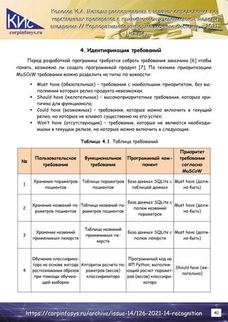corpinfosys.ru
К
К
Ко
о
ол
л
ло
о
ос
с
со
о
ов
в
в И
И
И.
..А
А
А.
.. М
М
Ме
е
ет
т
то
о
од
д
ды
ы
ы р
р
ра
а
ас
с
сп
п
по
о
оз
з
зн
н
на
а
ав
в
ва
а
ан
н
ни
и
ия
я
я в
в
в з
з
за
а
ад
д
да
а
ач
ч
ча
а
ах
х
х о
о
оп
п
пр
р
ре
е
ед
д
де
е
ел
л
ле
е
ен
н
ни
и
ия
я
я л
л
ле
е
е-
-
-
к
к
ка
а
ар
р
рс
с
ст
т
тв
в
ве
е
ен
н
нн
н
ны
ы
ых
х
х п
п
пр
р
ре
е
еп
п
па
а
ар
р
ра
а
ат
т
то
о
ов
в
в с
с
с п
п
пр
р
ри
и
им
м
ме
е
ен
н
не
е
ен
н
ни
и
ие
е
ем
м
м и
и
ит
т
те
е
ер
р
ра
а
ац
ц
ци
и
ио
о
он
н
нн
н
но
о
ой
й
й м
м
мо
о
од
д
де
е
ел
л
ли
и
и
в
в
вн
н
не
е
ед
д
др
р
ре
е
ен
н
ни
и
ия
я
я /
/
//
/
/ К
К
Ко
о
ор
р
рп
п
по
о
ор
р
ра
а
ат
т
ти
и
ив
в
вн
н
ны
ы
ые
е
е и
и
ин
н
нф
ф
фо
о
ор
р
рм
м
ма
а
ац
ц
ци
и
ио
о
он
н
нн
н
ны
ы
ые
е
е с
с
си
и
ис
с
ст
т
те
е
ем
м
мы
ы
ы.
.. –
–
– 2
2
20
0
02
2
21
1
1.
..
–
–
– №
№
№2
2
2 (
(
(1
1
14
4
4)
)
)
h
h
ht
t
tt
t
tp
p
ps
s
s:
:
:/
/
//
/
/c
c
co
o
or
r
rp
p
pi
i
in
n
nf
f
fo
o
os
s
sy
y
ys
s
s.
..r
r
ru
u
u/
/
/a
a
ar
r
rc
c
ch
h
hi
i
iv
v
ve
e
e/
/
/i
i
is
s
ss
s
su
u
ue
e
e-
-
-1
1
14
4
4/
/
/1
1
12
2
26
6
6-
-
-2
2
20
0
02
2
21
1
1-
-
-1
1
14
4
4-
-
-r
r
re
e
ec
c
co
o
og
g
gn
n
ni
i
it
t
ti
i
io
o
on
n
n 40
4. Идентификация требований
Перед разработкой программы требуется собрать требования заказчика [6] чтобы
понять, возможно ли создать программный продукт [7]. По технике приоритезации
MuSCoW требования можно разделить на типы по важности:
 Must have (обязательные) – требования с наибольшим приоритетом, без вы-
полнения которых релиз продукта невозможен.
 Should have (желательные) – высокоприоритетные требования, которые кри-
тичны для функционала;
 Could have (возможные) – требования, которые можно включить в текущий
релиз, но которые не влияют существенно на его успех;
 Won’t have (отсутствующие) – требования, которые не являются необходи-
мыми в текущем релизе, но которые можно включить в следующие.
Таблица 4.1. Таблица требований
№
Пользовательское
требование
Функциональное
требование
Программный ком-
понент
Приоритет
требования
согласно
MuSCoW
1
Хранение параметров
пациентов
Таблица параметров
пациентов
База данных SQLite с
таблицей данных
Must have (долж-
но быть)
2
Хранение названий па-
раметров пациентов
Таблица названий па-
раметров пациентов
База данных SQLite с
полем названий
параметров
Must have (долж-
но быть)
3
Хранение названий
применимых лекарств
Таблица названий
применимых ле-
карств
База данных SQLite с
полем лекарств
Must have (долж-
но быть)
4
Обучение классифика-
тора на основе метода
распознавания образов
при помощи обучаю-
щей выборки
Алгоритм расчета па-
раметров (весов)
классификатора
Программный код на
ЯП Python, выполня-
ющий расчет парамет-
ров (весов) классифи-
катора
Should have (же-
лательно)
 