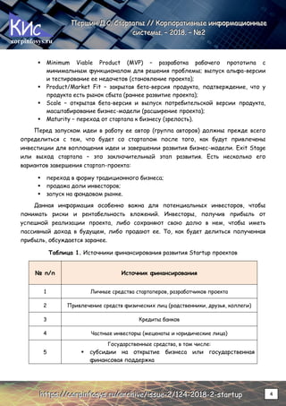 corpinfosys.ru
П
П
Пе
е
ер
р
рш
ш
ши
и
ин
н
н Д
Д
Д.
..С
С
С.
.. С
С
Ст
т
та
а
ар
р
рт
т
та
а
ап
п
пы
ы
ы /
/
//
/
/ К
К
Ко
о
ор
р
рп
п
по
о
ор
р
ра
а
ат
т
ти
и
ив
в
вн
н
ны
ы
ые
е
е и
и
ин
н
нф
ф
фо
о
ор
р
рм
м
ма
а
ац
ц
ци
и
ио
о
он
н
нн
н
ны
ы
ые
е
е
с
с
си
и
ис
с
ст
т
те
е
ем
м
мы
ы
ы.
.. –
–
– 2
2
20
0
01
1
18
8
8.
.. –
–
– №
№
№2
2
2
h
h
ht
t
tt
t
tp
p
ps
s
s:
:
:/
/
//
/
/c
c
co
o
or
r
rp
p
pi
i
in
n
nf
f
fo
o
os
s
sy
y
ys
s
s.
..r
r
ru
u
u/
/
/a
a
ar
r
rc
c
ch
h
hi
i
iv
v
ve
e
e/
/
/i
i
is
s
ss
s
su
u
ue
e
e-
-
-2
2
2/
/
/1
1
12
2
24
4
4-
-
-2
2
20
0
01
1
18
8
8-
-
-2
2
2-
-
-s
s
st
t
ta
a
ar
r
rt
t
tu
u
up
p
p 4
 Minimum Viable Product (MVP) – разработка рабочего прототипа с
минимальным функционалом для решения проблемы; выпуск альфа-версии
и тестирование ее недочетов (становление проекта);
 Product/Market Fit – закрытая бета-версия продукта, подтверждение, что у
продукта есть рынок сбыта (раннее развитие проекта);
 Scale – открытая бета-версия и выпуск потребительской версии продукта,
масштабирование бизнес-модели (расширение проекта);
 Maturity – переход от стартапа к бизнесу (зрелость).
Перед запуском идеи в работу ее автор (группа авторов) должны прежде всего
определиться с тем, что будет со стартапом после того, как будут привлечены
инвестиции для воплощения идеи и завершении развития бизнес-модели. Exit Stage
или выход стартапа – это заключительный этап развития. Есть несколько его
вариантов завершения стартап-проекта:
 переход в форму традиционного бизнеса;
 продажа доли инвесторов;
 запуск на фондовом рынке.
Данная информация особенно важна для потенциальных инвесторов, чтобы
понимать риски и рентабельность вложений. Инвесторы, получив прибыль от
успешной реализации проекта, либо сохраняют свою долю в нем, чтобы иметь
пассивный доход в будущем, либо продают ее. То, как будет делиться полученная
прибыль, обсуждается заранее.
Таблица 1. Источники финансирования развития Startup проектов
№ п/п Источник финансирования
1 Личные средства стартаперов, разработчиков проекта
2 Привлечение средств физических лиц (родственники, друзья, коллеги)
3 Кредиты банков
4 Частные инвесторы (меценаты и юридические лица)
5
Государственные средства, в том числе:
 субсидии на открытие бизнеса или государственная
финансовая поддержка
 