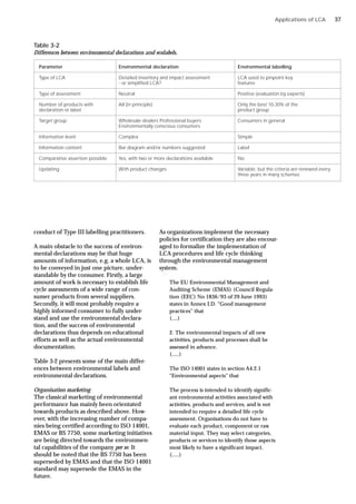 conduct of Type III labelling practitioners.
A main obstacle to the success of environ-
mental declarations may be that huge
amounts of information, e.g. a whole LCA, is
to be conveyed in just one picture, under-
standable by the consumer. Firstly, a large
amount of work is necessary to establish life
cycle assessments of a wide range of con-
sumer products from several suppliers.
Secondly, it will most probably require a
highly informed consumer to fully under-
stand and use the environmental declara-
tion, and the success of environmental
declarations thus depends on educational
efforts as well as the actual environmental
documentation.
Table 3-2 presents some of the main differ-
ences between environmental labels and
environmental declarations.
Organisation marketing
The classical marketing of environmental
performance has mainly been orientated
towards products as described above. How-
ever, with the increasing number of compa-
nies being certified according to ISO 14001,
EMAS or BS 7750, some marketing initiatives
are being directed towards the environmen-
tal capabilities of the company per se. It
should be noted that the BS 7750 has been
superseded by EMAS and that the ISO 14001
standard may supersede the EMAS in the
future.
As organizations implement the necessary
policies for certification they are also encour-
aged to formalize the implementation of
LCA procedures and life cycle thinking
through the environmental management
system.
The EU Environmental Management and
Auditing Scheme (EMAS) (Council Regula-
tion (EEC) No 1836/93 of 29 June 1993)
states in Annex I.D. “Good management
practices” that
(....)
2. The environmental impacts of all new
activities, products and processes shall be
assessed in advance.
(.....)
The ISO 14001 states in section A4.2.1
“Environmental aspects” that
The process is intended to identify signific-
ant environmental activities associated with
activities, products and services, and is not
intended to require a detailed life cycle
assessment. Organisations do not have to
evaluate each product, component or raw
material input. They may select categories,
products or services to identify those aspects
most likely to have a significant impact.
(.....)
Applications of LCA
Parameter Environmental declaration Environmental labelling
Type of LCA Detailed inventory and impact assessment LCA used to pinpoint key
- or simplified LCA? features
Type of assessment Neutral Positive (evaluation by experts)
Number of products with All (in principle) Only the best 10-30% of the
declaration or label product group
Target group Wholesale dealers Professional buyers Consumers in general
Environmentally conscious consumers
Information level Complex Simple
Information content Bar diagram and/or numbers suggested Label
Comparative assertion possible Yes, with two or more declarations available No
Updating With product changes Variable, but the criteria are renewed every
three years in many schemes
Table 3-2
Differences between environmental declarations and ecolabels.
37
 