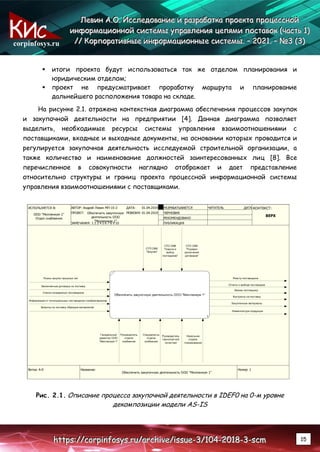 corpinfosys.ru
Л
Л
Ле
е
ев
в
ви
и
ин
н
н А
А
А.
..О
О
О.
.. И
И
Ис
с
сс
с
сл
л
ле
е
ед
д
до
о
ов
в
ва
а
ан
н
ни
и
ие
е
е и
и
и р
р
ра
а
аз
з
зр
р
ра
а
аб
б
бо
о
от
т
тк
к
ка
а
а п
п
пр
р
ро
о
ое
е
ек
к
кт
т
та
а
а п
п
пр
р
ро
о
оц
ц
це
е
ес
с
сс
с
сн
н
но
о
ой
й
й
и
и
ин
н
нф
ф
фо
о
ор
р
рм
м
ма
а
ац
ц
ци
и
ио
о
он
н
нн
н
но
о
ой
й
й с
с
си
и
ис
с
ст
т
те
е
ем
м
мы
ы
ы у
у
уп
п
пр
р
ра
а
ав
в
вл
л
ле
е
ен
н
ни
и
ия
я
я ц
ц
це
е
еп
п
пя
я
ям
м
ми
и
и п
п
по
о
ос
с
ст
т
та
а
ав
в
во
о
ок
к
к (
(
(ч
ч
ча
а
ас
с
ст
т
ть
ь
ь 1
1
1)
)
)
/
/
//
/
/ К
К
Ко
о
ор
р
рп
п
по
о
ор
р
ра
а
ат
т
ти
и
ив
в
вн
н
ны
ы
ые
е
е и
и
ин
н
нф
ф
фо
о
ор
р
рм
м
ма
а
ац
ц
ци
и
ио
о
он
н
нн
н
ны
ы
ые
е
е с
с
си
и
ис
с
ст
т
те
е
ем
м
мы
ы
ы.
.. –
–
– 2
2
20
0
02
2
21
1
1.
.. –
–
– №
№
№3
3
3 (
(
(3
3
3)
)
)
h
h
ht
t
tt
t
tp
p
ps
s
s:
:
:/
/
//
/
/c
c
co
o
or
r
rp
p
pi
i
in
n
nf
f
fo
o
os
s
sy
y
ys
s
s.
..r
r
ru
u
u/
/
/a
a
ar
r
rc
c
ch
h
hi
i
iv
v
ve
e
e/
/
/i
i
is
s
ss
s
su
u
ue
e
e-
-
-3
3
3/
/
/1
1
10
0
04
4
4-
-
-2
2
20
0
01
1
18
8
8-
-
-3
3
3-
-
-s
s
sc
c
cm
m
m 15
 итоги проекта будут использоваться так же отделом планирования и
юридическим отделом;
 проект не предусматривает проработку маршрута и планирование
дальнейшего расположения товара на складе.
На рисунке 2.1. отражена контекстная диаграмма обеспечения процессов закупок
и закупочной деятельности на предприятии [4]. Данная диаграмма позволяет
выделить, необходимые ресурсы системы управления взаимоотношениями с
поставщиками, входные и выходные документы, на основании которых проводится и
регулируется закупочная деятельность исследуемой строительной организации, а
также количество и наименование должностей заинтересованных лиц [8]. Все
перечисленное в совокупности наглядно отображает и дает представление
относительно структуры и границ проекта процессной информационной системы
управления взаимоотношениями с поставщиками.
Рис. 2.1. Описание процесса закупочной деятельности в IDEF0 на 0-м уровне
декомпозиции модели AS-IS
 