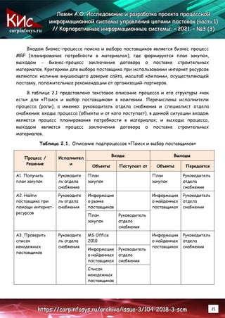 corpinfosys.ru
Л
Л
Ле
е
ев
в
ви
и
ин
н
н А
А
А.
..О
О
О.
.. И
И
Ис
с
сс
с
сл
л
ле
е
ед
д
до
о
ов
в
ва
а
ан
н
ни
и
ие
е
е и
и
и р
р
ра
а
аз
з
зр
р
ра
а
аб
б
бо
о
от
т
тк
к
ка
а
а п
п
пр
р
ро
о
ое
е
ек
к
кт
т
та
а
а п
п
пр
р
ро
о
оц
ц
це
е
ес
с
сс
с
сн
н
но
о
ой
й
й
и
и
ин
н
нф
ф
фо
о
ор
р
рм
м
ма
а
ац
ц
ци
и
ио
о
он
н
нн
н
но
о
ой
й
й с
с
си
и
ис
с
ст
т
те
е
ем
м
мы
ы
ы у
у
уп
п
пр
р
ра
а
ав
в
вл
л
ле
е
ен
н
ни
и
ия
я
я ц
ц
це
е
еп
п
пя
я
ям
м
ми
и
и п
п
по
о
ос
с
ст
т
та
а
ав
в
во
о
ок
к
к (
(
(ч
ч
ча
а
ас
с
ст
т
ть
ь
ь 1
1
1)
)
)
/
/
//
/
/ К
К
Ко
о
ор
р
рп
п
по
о
ор
р
ра
а
ат
т
ти
и
ив
в
вн
н
ны
ы
ые
е
е и
и
ин
н
нф
ф
фо
о
ор
р
рм
м
ма
а
ац
ц
ци
и
ио
о
он
н
нн
н
ны
ы
ые
е
е с
с
си
и
ис
с
ст
т
те
е
ем
м
мы
ы
ы.
.. –
–
– 2
2
20
0
02
2
21
1
1.
.. –
–
– №
№
№3
3
3 (
(
(3
3
3)
)
)
h
h
ht
t
tt
t
tp
p
ps
s
s:
:
:/
/
//
/
/c
c
co
o
or
r
rp
p
pi
i
in
n
nf
f
fo
o
os
s
sy
y
ys
s
s.
..r
r
ru
u
u/
/
/a
a
ar
r
rc
c
ch
h
hi
i
iv
v
ve
e
e/
/
/i
i
is
s
ss
s
su
u
ue
e
e-
-
-3
3
3/
/
/1
1
10
0
04
4
4-
-
-2
2
20
0
01
1
18
8
8-
-
-3
3
3-
-
-s
s
sc
c
cm
m
m 21
Входом бизнес-процесса поиска и выбора поставщиков является бизнес процесс
MRP (планирование потребности в материалах), где формируется план закупок,
выходом – бизнес-процесс заключения договора о поставке строительных
материалов. Критерием для выбора поставщика при использовании интернет ресурсов
являются: наличие внушающего доверие сайта, масштаб компании, осуществляющей
поставку, положительные рекомендации от организаций-партнеров.
В таблице 2.1 представлено текстовое описание процесса и его структуры «как
есть» для «Поиск и выбор поставщиков» в компании. Перечислены исполнители
процесса (роли), а именно: руководитель отдела снабжения и специалист отдела
снабжения; входы процесса (объекты и от кого поступает), в данной ситуации входом
является процесс планирования потребности в материалах; и выходы процесса,
выходом является процесс заключения договора о поставке строительных
материалов.
Таблица 2.1. Описание подпроцессов «Поиск и выбор поставщиков»
Процесс /
Решение
Исполнител
и
Входы Выходы
Объекты Поступает от Объекты Передается
А1. Получить
план закупок
Руководите
ль отдела
снабжения
План
закупок
План
закупок
Руководитель
отдела
снабжения
А2. Найти
поставщика при
помощи интернет-
ресурсов
Руководите
ль отдела
снабжения
Информация
о рынке
поставщиков
Информация
о найденных
поставщиках
Руководитель
отдела
снабжения
План
закупок
Руководитель
отдела
снабжения
А3. Проверить
список
ненадежных
поставщиков
Руководите
ль отдела
снабжения
MS Office
2010
Информация
о найденных
поставщиках
Руководитель
отдела
снабжения
Информация
о найденных
поставщиках
Руководитель
отдела
снабжения
Список
ненадежных
поставщиков
 