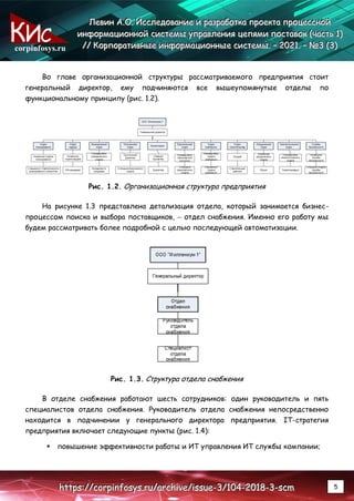 corpinfosys.ru
Л
Л
Ле
е
ев
в
ви
и
ин
н
н А
А
А.
..О
О
О.
.. И
И
Ис
с
сс
с
сл
л
ле
е
ед
д
до
о
ов
в
ва
а
ан
н
ни
и
ие
е
е и
и
и р
р
ра
а
аз
з
зр
р
ра
а
аб
б
бо
о
от
т
тк
к
ка
а
а п
п
пр
р
ро
о
ое
е
ек
к
кт
т
та
а
а п
п
пр
р
ро
о
оц
ц
це
е
ес
с
сс
с
сн
н
но
о
ой
й
й
и
и
ин
н
нф
ф
фо
о
ор
р
рм
м
ма
а
ац
ц
ци
и
ио
о
он
н
нн
н
но
о
ой
й
й с
с
си
и
ис
с
ст
т
те
е
ем
м
мы
ы
ы у
у
уп
п
пр
р
ра
а
ав
в
вл
л
ле
е
ен
н
ни
и
ия
я
я ц
ц
це
е
еп
п
пя
я
ям
м
ми
и
и п
п
по
о
ос
с
ст
т
та
а
ав
в
во
о
ок
к
к (
(
(ч
ч
ча
а
ас
с
ст
т
ть
ь
ь 1
1
1)
)
)
/
/
//
/
/ К
К
Ко
о
ор
р
рп
п
по
о
ор
р
ра
а
ат
т
ти
и
ив
в
вн
н
ны
ы
ые
е
е и
и
ин
н
нф
ф
фо
о
ор
р
рм
м
ма
а
ац
ц
ци
и
ио
о
он
н
нн
н
ны
ы
ые
е
е с
с
си
и
ис
с
ст
т
те
е
ем
м
мы
ы
ы.
.. –
–
– 2
2
20
0
02
2
21
1
1.
.. –
–
– №
№
№3
3
3 (
(
(3
3
3)
)
)
h
h
ht
t
tt
t
tp
p
ps
s
s:
:
:/
/
//
/
/c
c
co
o
or
r
rp
p
pi
i
in
n
nf
f
fo
o
os
s
sy
y
ys
s
s.
..r
r
ru
u
u/
/
/a
a
ar
r
rc
c
ch
h
hi
i
iv
v
ve
e
e/
/
/i
i
is
s
ss
s
su
u
ue
e
e-
-
-3
3
3/
/
/1
1
10
0
04
4
4-
-
-2
2
20
0
01
1
18
8
8-
-
-3
3
3-
-
-s
s
sc
c
cm
m
m 5
Во главе организационной структуры рассматриваемого предприятия стоит
генеральный директор, ему подчиняются все вышеупомянутые отделы по
функциональному принципу (рис. 1.2).
Рис. 1.2. Организационная структура предприятия
На рисунке 1.3 представлена детализация отдела, который занимается бизнес-
процессом поиска и выбора поставщиков, – отдел снабжения. Именно его работу мы
будем рассматривать более подробной с целью последующей автоматизации.
Рис. 1.3. Структура отдела снабжения
В отделе снабжения работают шесть сотрудников: один руководитель и пять
специалистов отдела снабжения. Руководитель отдела снабжения непосредственно
находится в подчинении у генерального директора предприятия. IT-стратегия
предприятия включает следующие пункты (рис. 1.4):
 повышение эффективности работы и ИТ управления ИТ службы компании;
 