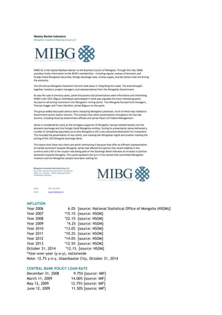 INFLATION
Year 2006 6.0% [source: National Statistical Office of Mongolia (NSOM)]
Year 2007 *15.1% [source: NSOM]
Year 2008 *22.1% [source: NSOM]
Year 2009 *4.2% [source: NSOM]
Year 2010 *13.0% [source: NSOM]
Year 2011 *10.2% [source: NSOM]
Year 2012 *14.0% [source: NSOM]
Year 2013 *12.5% [source: NSOM]
October 31, 2014 *12.1% [source: NSOM]
*Year-over-year (y-o-y), nationwide
Note: 12.7% y-o-y, Ulaanbaatar City, October 31, 2014
CENTRAL BANK POLICY LOAN RATE
December 31, 2008 9.75% [source: IMF]
March 11, 2009 14.00% [source: IMF]
May 12, 2009 12.75% [source: IMF]
June 12, 2009 11.50% [source: IMF]
 