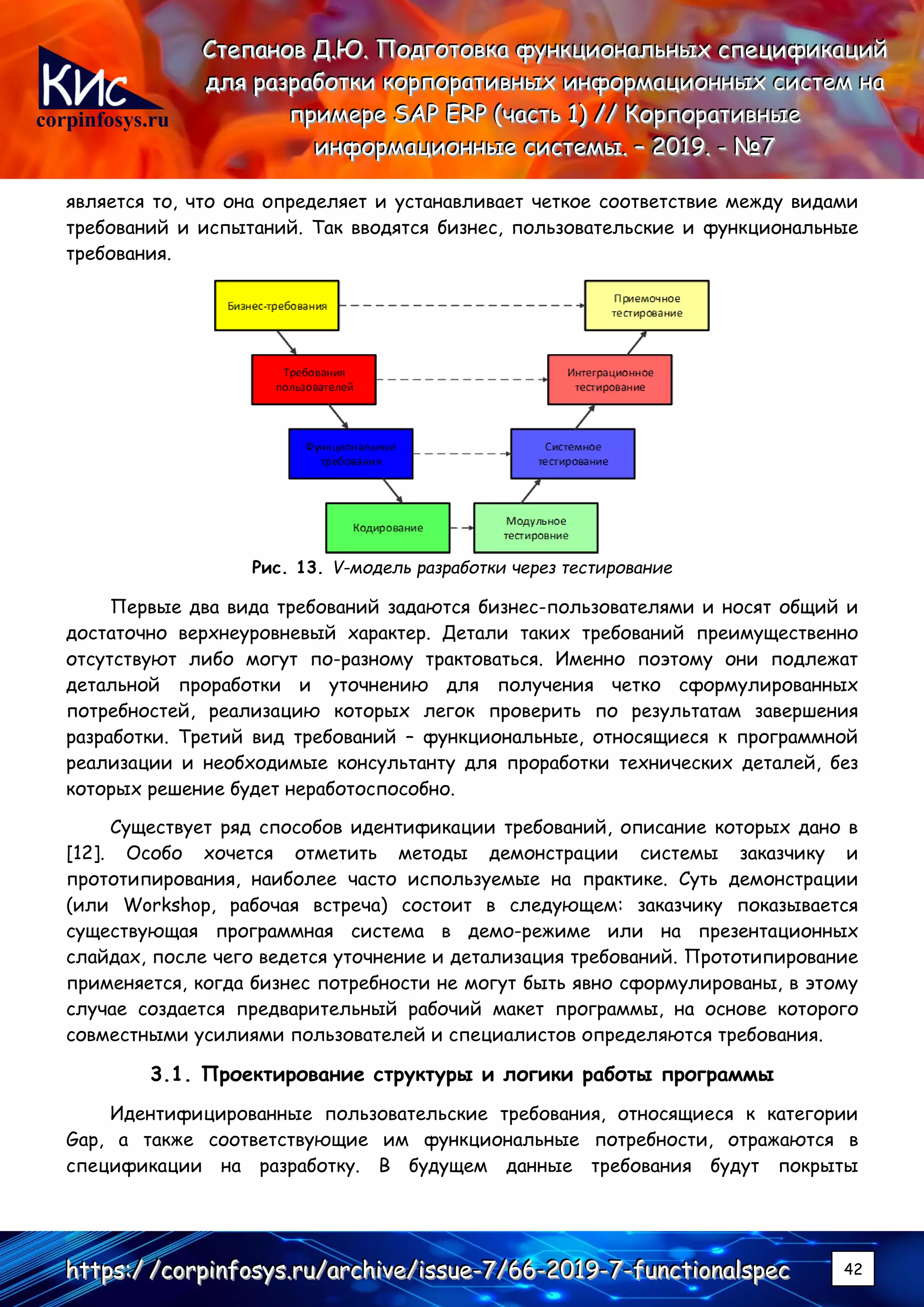 corpinfosys.ru
СССтттееепппаааннноооввв ДДД...ЮЮЮ... ПППооодддгггооотттооовввкккааа фффууунннкккццциииооонннаааллльььннныыыххх ссспппееецццииифффииикккаааццциииййй
дддллляяя рррааазззрррааабббоооттткккиии кккооорррпппооорррааатттииивввннныыыххх ииинннфффооорррмммаааццциииооонннннныыыххх сссиииссстттеееммм нннааа
пппрррииимммеееррреее SSSAAAPPP EEERRRPPP (((чччааассстттььь 111))) ////// КККооорррпппооорррааатттииивввннныыыеее
ииинннфффооорррмммаааццциииооонннннныыыеее сссиииссстттееемммыыы... ––– 222000111999... --- №№№777
hhhttttttpppsss:::/// ///cccooorrrpppiiinnnfffooosssyyysss...rrruuu///aaarrrccchhhiiivvveee///iiissssssuuueee---777///666666---222000111999---777---fffuuunnnccctttiiiooonnnaaalllssspppeeeccc 42
является то, что она определяет и устанавливает четкое соответствие между видами
требований и испытаний. Так вводятся бизнес, пользовательские и функциональные
требования.
Рис. 13. V-модель разработки через тестирование
Первые два вида требований задаются бизнес-пользователями и носят общий и
достаточно верхнеуровневый характер. Детали таких требований преимущественно
отсутствуют либо могут по-разному трактоваться. Именно поэтому они подлежат
детальной проработки и уточнению для получения четко сформулированных
потребностей, реализацию которых легок проверить по результатам завершения
разработки. Третий вид требований – функциональные, относящиеся к программной
реализации и необходимые консультанту для проработки технических деталей, без
которых решение будет неработоспособно.
Существует ряд способов идентификации требований, описание которых дано в
[12]. Особо хочется отметить методы демонстрации системы заказчику и
прототипирования, наиболее часто используемые на практике. Суть демонстрации
(или Workshop, рабочая встреча) состоит в следующем: заказчику показывается
существующая программная система в демо-режиме или на презентационных
слайдах, после чего ведется уточнение и детализация требований. Прототипирование
применяется, когда бизнес потребности не могут быть явно сформулированы, в этому
случае создается предварительный рабочий макет программы, на основе которого
совместными усилиями пользователей и специалистов определяются требования.
3.1. Проектирование структуры и логики работы программы
Идентифицированные пользовательские требования, относящиеся к категории
Gap, а также соответствующие им функциональные потребности, отражаются в
спецификации на разработку. В будущем данные требования будут покрыты
 