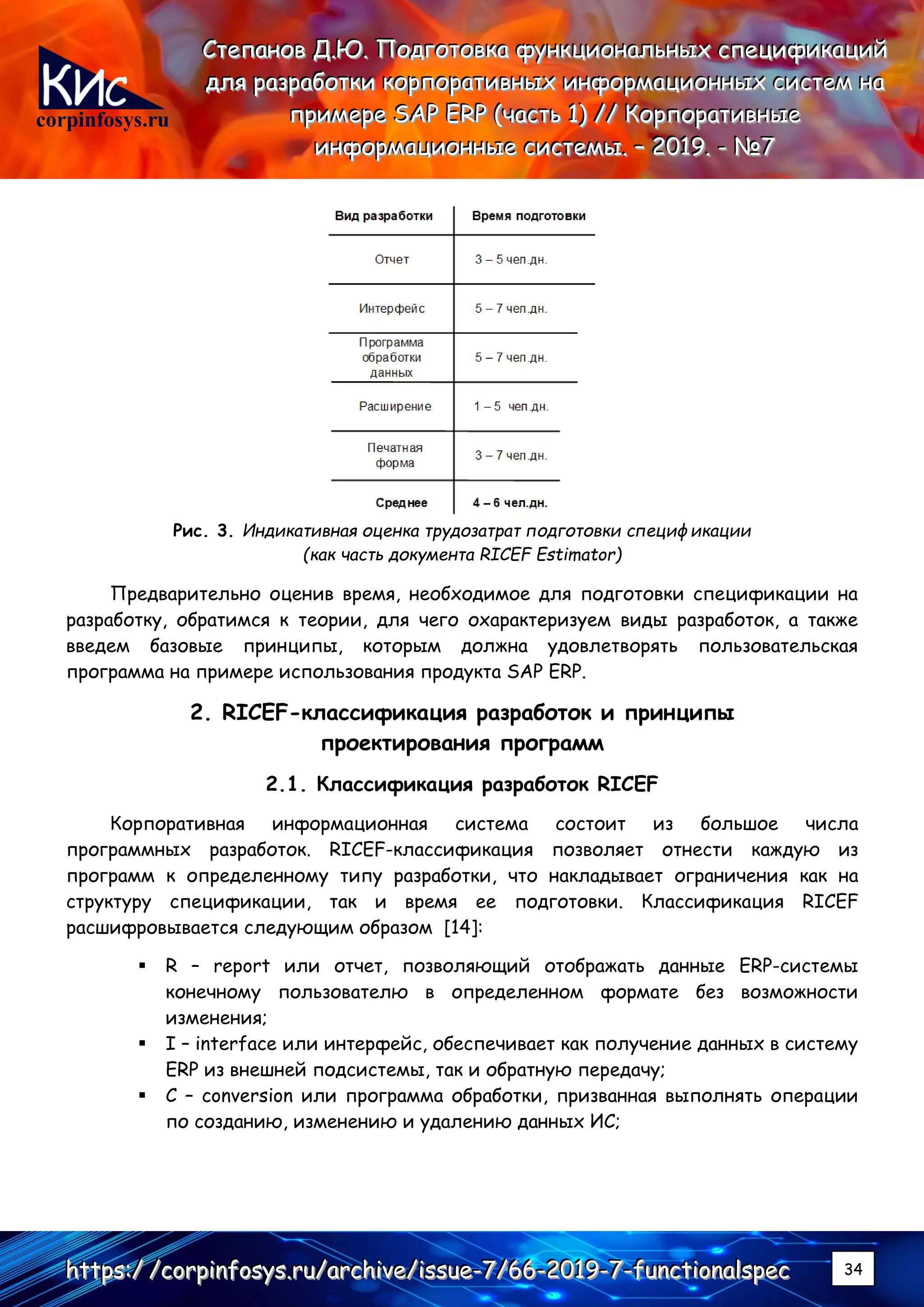 corpinfosys.ru
СССтттееепппаааннноооввв ДДД...ЮЮЮ... ПППооодддгггооотттооовввкккааа фффууунннкккццциииооонннаааллльььннныыыххх ссспппееецццииифффииикккаааццциииййй
дддллляяя рррааазззрррааабббоооттткккиии кккооорррпппооорррааатттииивввннныыыххх ииинннфффооорррмммаааццциииооонннннныыыххх сссиииссстттеееммм нннааа
пппрррииимммеееррреее SSSAAAPPP EEERRRPPP (((чччааассстттььь 111))) ////// КККооорррпппооорррааатттииивввннныыыеее
ииинннфффооорррмммаааццциииооонннннныыыеее сссиииссстттееемммыыы... ––– 222000111999... --- №№№777
hhhttttttpppsss:::/// ///cccooorrrpppiiinnnfffooosssyyysss...rrruuu///aaarrrccchhhiiivvveee///iiissssssuuueee---777///666666---222000111999---777---fffuuunnnccctttiiiooonnnaaalllssspppeeeccc 34
Рис. 3. Индикативная оценка трудозатрат подготовки спецификации
(как часть документа RICEF Estimator)
Предварительно оценив время, необходимое для подготовки спецификации на
разработку, обратимся к теории, для чего охарактеризуем виды разработок, а также
введем базовые принципы, которым должна удовлетворять пользовательская
программа на примере использования продукта SAP ERP.
2. RICEF-классификация разработок и принципы
проектирования программ
2.1. Классификация разработок RICEF
Корпоративная информационная система состоит из большое числа
программных разработок. RICEF-классификация позволяет отнести каждую из
программ к определенному типу разработки, что накладывает ограничения как на
структуру спецификации, так и время ее подготовки. Классификация RICEF
расшифровывается следующим образом [14]:
▪ R – report или отчет, позволяющий отображать данные ERP-системы
конечному пользователю в определенном формате без возможности
изменения;
▪ I – interface или интерфейс, обеспечивает как получение данных в систему
ERP из внешней подсистемы, так и обратную передачу;
▪ C – conversion или программа обработки, призванная выполнять операции
по созданию, изменению и удалению данных ИС;
 