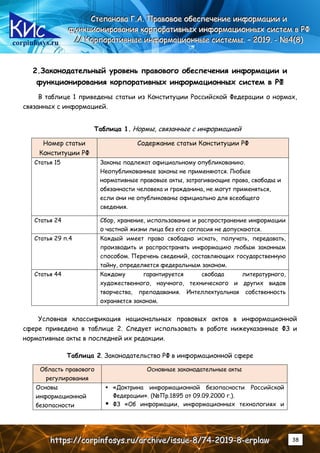 corpinfosys.ru
СССтттееепппааанннооовввааа ГГГ...ААА... ПППрррааавввооовввоооеее оообббееессспппееечччеееннниииеее ииинннфффооорррмммааацццииииии иии
фффууунннкккццциииооонннииирррооовввааанннииияяя кккооорррпппооорррааатттииивввннныыыххх ииинннфффооорррмммаааццциииооонннннныыыххх сссиииссстттеееммм ввв РРРФФФ
////// КККооорррпппооорррааатттииивввннныыыеее ииинннфффооорррмммаааццциииооонннннныыыеее сссиииссстттееемммыыы... ––– 222000111999... --- №№№444(((888)))
hhhttttttpppsss::://////cccooorrrpppiiinnnfffooosssyyysss...rrruuu///aaarrrccchhhiiivvveee///iiissssssuuueee---888///777444---222000111999---888---eeerrrppplllaaawww 38
2.Законодательный уровень правового обеспечения информации и
функционирования корпоративных информационных систем в РФ
В таблице 1 приведены статьи из Конституции Российской Федерации о нормах,
связанных с информацией.
Таблица 1. Нормы, связанные с информацией
Номер статьи
Конституции РФ
Содержание статьи Конституции РФ
Статья 15 Законы подлежат официальному опубликованию.
Неопубликованные законы не применяются. Любые
нормативные правовые акты, затрагивающие права, свободы и
обязанности человека и гражданина, не могут применяться,
если они не опубликованы официально для всеобщего
сведения.
Статья 24 Сбор, хранение, использование и распространение информации
о частной жизни лица без его согласия не допускаются.
Статья 29 п.4 Каждый имеет право свободно искать, получать, передавать,
производить и распространять информацию любым законным
способом. Перечень сведений, составляющих государственную
тайну, определяется федеральным законом.
Статья 44 Каждому гарантируется свобода литературного,
художественного, научного, технического и других видов
творчества, преподавания. Интеллектуальная собственность
охраняется законом.
Условная классификация национальных правовых актов в информационной
сфере приведена в таблице 2. Следует использовать в работе нижеуказанные ФЗ и
нормативные акты в последней их редакции.
Таблица 2. Законодательство РФ в информационной сфере
Область правового
регулирования
Основные законодательные акты
Основы
информационной
безопасности
 «Доктрина информационной безопасности Российской
Федерации». (№Пр.1895 от 09.09.2000 г.).
 ФЗ «Об информации, информационных технологиях и
 