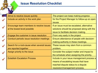 Issue Resolution Checklist         Include in your issue management process a means of escalating issues that have reached dispute status to a dispute resolution/management process.  Establish Escalation Process  Consider the subject matter and impact to the schedule when assigning the priority. Assign priority to the issue  These issues may stem from a common problem.  Search for a root-cause when several issues are reported together  Ensure attendance of people with decision-making authority in these meetings.  Conduct periodic issue resolution meetings  From very early in the project Engage the customer in issue resolution  If an issue must be escalated, alternative solutions should be proposed along with the issue to facilitate decision making.  Encourage team members to resolve issues at the lowest level possible  for the Project Manager to follow-up on open issues Include an activity in the work plan  The project can keep making progress Strive to resolve issues quickly 