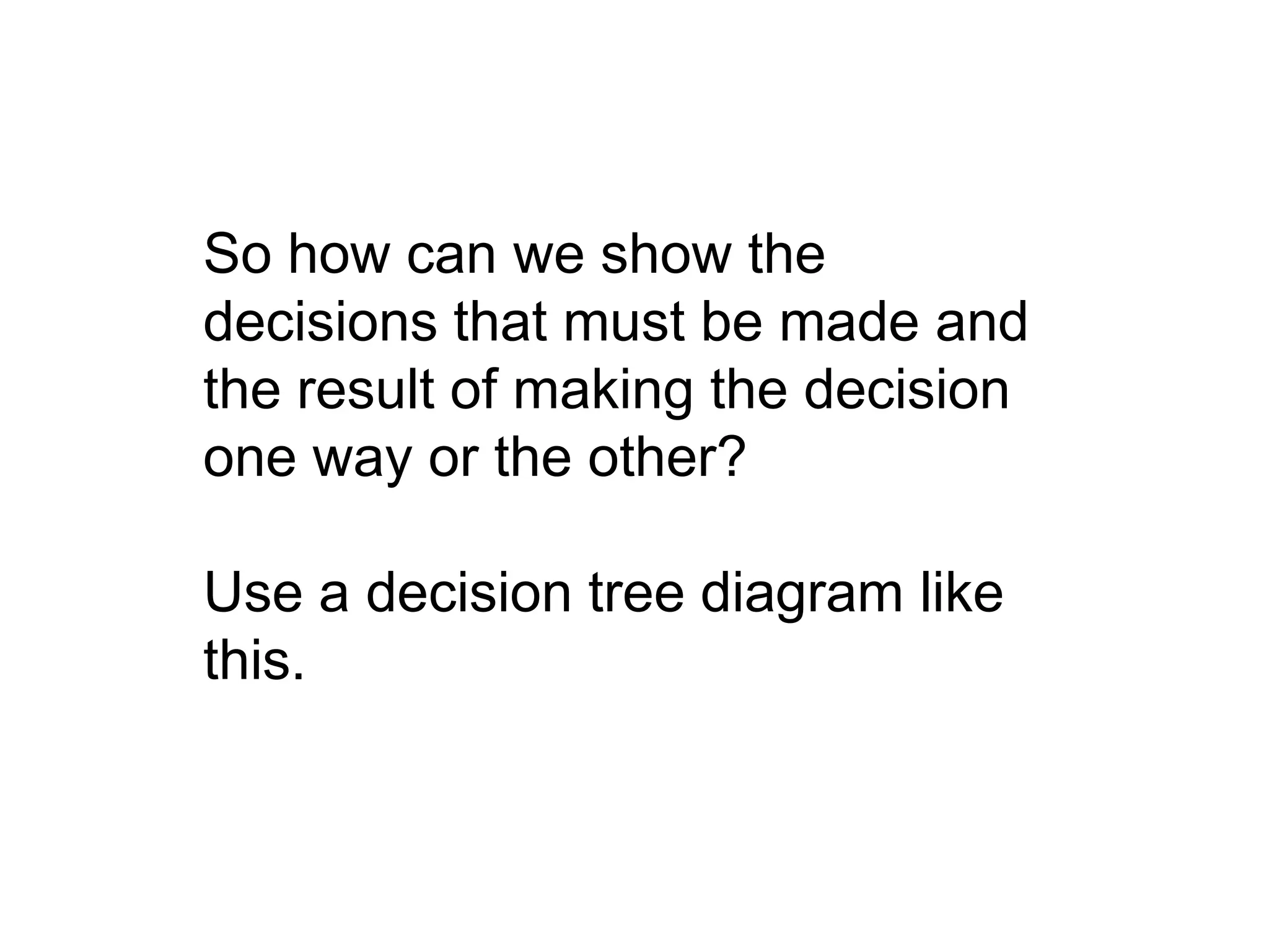 So how can we show the
decisions that must be made and
the result of making the decision
one way or the other?
Use a decision tree diagram like
this.
 