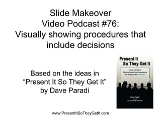 Slide Makeover
Video Podcast #76:
Visually showing procedures that
include decisions
Based on the ideas in
“Present It So They Get It”
by Dave Paradi
www.PresentItSoTheyGetIt.com
 