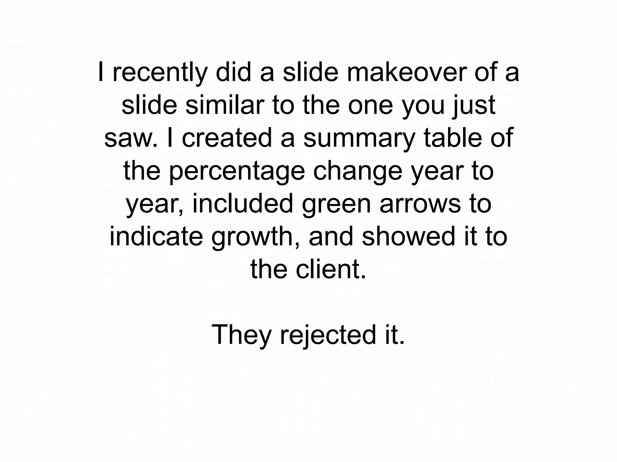 I recently did a slide makeover of a
slide similar to the one you just
saw. I created a summary table of
the percentage change year to
year, included green arrows to
indicate growth, and showed it to
the client.
They rejected it.

 