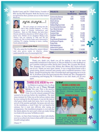 Health Centre and Dr. Ulfath Fatima, Founder of PROJECTS                           No. of         Amount
Bibi Ayesha Mili Hospital. Both the doctors were                                Beneficiaries    Spent in Rs.
recognised for their yeoman service in the field of
Medicine.                                               Community Service           372            10,900
                                                        Educational Help           1249            16,638
              ¸ÁéUÀvÀ, ¸ÀÄ¸ÁéUÀvÀ....!                  Adult Literacy
                                                        Child/Family
                                                                                                   10,000

                                                        Welfare/Rights of child      72             9,350
                The new orange car coming into the      Environmental Services      470             1,700
            club is Mrs. Pushpa Gangesh, w/o Rtn        Eye / Blood donation       1010             3,500
 Gangesh, owner of Orange Automotives and
                                                        Hospital / Medical /
 Properties. Born on 28th January, she hails from
 Hassan and did her education at AVK College of her     Surgical Help               212            13,263
 home town. Mother of two daughters Dhanya and          Disabled / Spastic         1041            23,460
 Thanya who are studying in 10th and 5th std            Old Age                     607            14,097
 respectively. She is a home maker and is interested in Drug Abuse & Awareness       50               100
 watching TV, singing, listening to music, reading      Continuous Projects         180            74,500
 books and periodicals.                                 Pulse Polio
                                                        Aids Awareness                 1            2,800
                Quote of the Week
                                                        Indian Art & Culture
 “He who earns his livelihood by earnest labour Personalised Service               1000          1,14,000
 and also gives some in charity, alone
 understands the way of a meaningful life.”             Total                      6264          2, 94,308

                        President’s Message
                           Thank you, thank you, thank you all for making it one of the most
                        memorable installations in the history of Mysore Midtown ( is the feedback we
                        got!!) and the credit goes to Rtn. Harish, Rtn. Umesh , Rtn. Aiyanna, Rtn. Rock,
                        Ann. Anupama, Ann. Lavanya, Rtn. Mohan, Rtn. Bhanu, Rtn. Seenu and each
                        one of you. Thank you once again 'shettre'. It was a mega block buster with a
                        grand setting, drama, emotions and comedy with a wonderful narration. I also
                        thank Amogh for posting the video 10 months back and suggesting me to invite
                        Mr. N. Krishnan as the chief guest and also Rtn. Ramki and Rtn. Alagappan for
                        co-ordinating and bringing Mr. N Krishnan to our club, thank you all once
                        again.                                                                - Vishu

                    THIRD EYE VIEW by sini                     In Brief
                     La Midtown is going to do a La Roja               OUR MAN @ DISTRICT LEVEL
                  by lifting the cup of 'Peace Through            Rtn. Nandakumar, GSE Team leader to
                  Service' this year. That is the positive     Georgia 6920 in 2010 has been selected as
                  vibrations we had in the evening at Pai      the District chairman Alumni Rotary
                  Vista. Even the relaxed, prepared Vishu      Foundation.
 seemed a bit nervous before the installation. The most                     SEPARATED AT BIRTH
 tense moment for Vishu was at the railway station when
 he was waiting for the chief guest, it was not the train or
 chief guest which made him tense, but it was the non-
 arrival of the jasmine garlands, but peace prevails now.
 At the installation, a word 'Copy Cat' was heard at the
 entrance but it went into oblivion after seeing our
 arrangements. Our installation program is over and also
 the family photos for next year's roster are ready, hitting
 two birds with one stone 'la Midtown style'.
 At home, we have been listening to them individually,                        UP THE LADDER
 now let us collectively listen to them at RCL this evening.      IW member Renu Agrawal has been
 Good Evening Ladies.                                          promoted as Chief Scientist, which is
                                                               Director's grade. She works in Food
 Cheers !!!                                                    microbiology, CFTRI, Mysore.
 