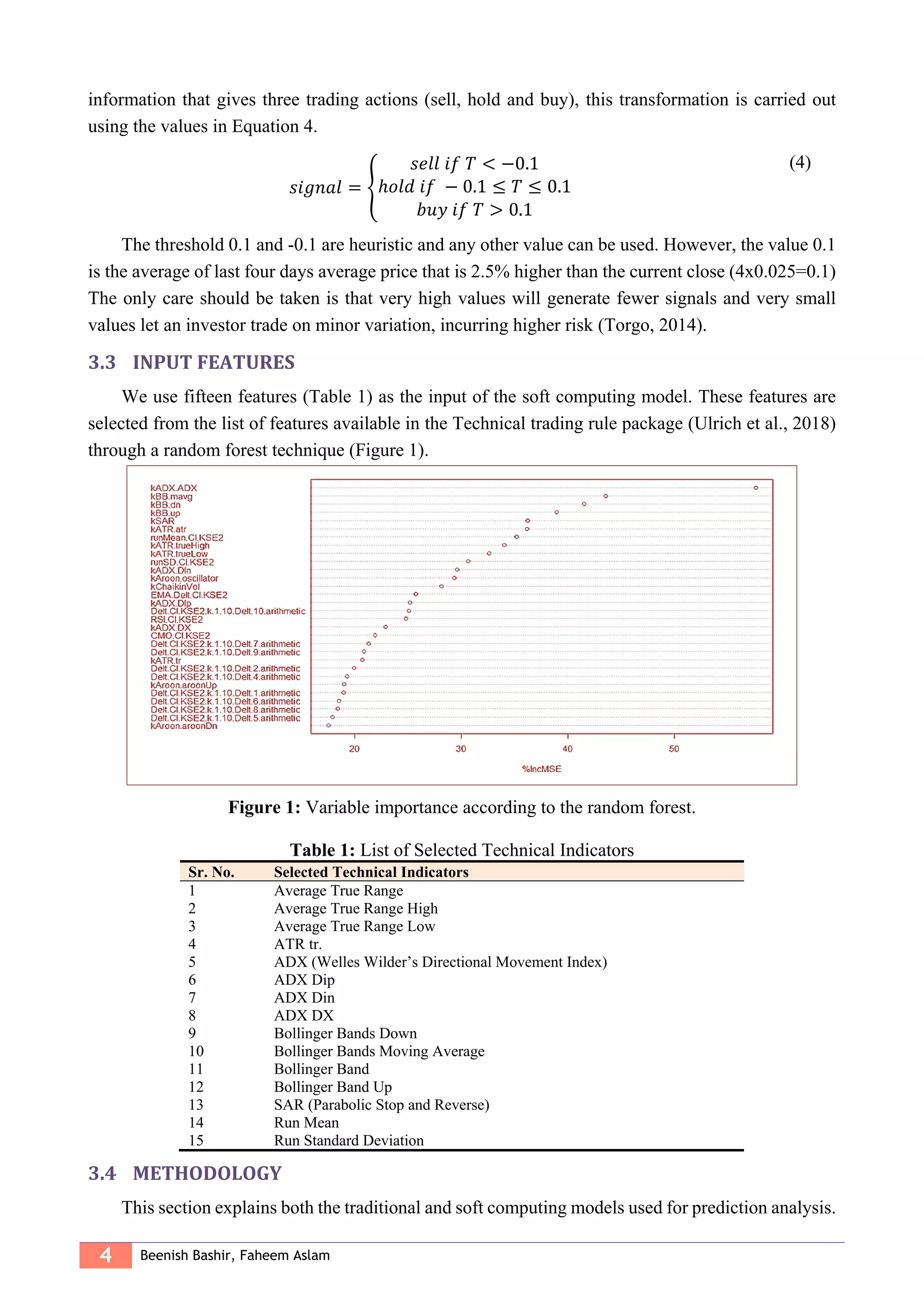 4 Beenish Bashir, Faheem Aslam
information that gives three trading actions (sell, hold and buy), this transformation is carried out
using the values in Equation 4.
𝑠𝑖𝑔𝑛𝑎𝑙 = {
𝑠𝑒𝑙𝑙 𝑖𝑓 𝑇 < −0.1
ℎ𝑜𝑙𝑑 𝑖𝑓 − 0.1 ≤ 𝑇 ≤ 0.1
𝑏𝑢𝑦 𝑖𝑓 𝑇 > 0.1
(4)
The threshold 0.1 and -0.1 are heuristic and any other value can be used. However, the value 0.1
is the average of last four days average price that is 2.5% higher than the current close (4x0.025=0.1)
The only care should be taken is that very high values will generate fewer signals and very small
values let an investor trade on minor variation, incurring higher risk (Torgo, 2014).
3.3 INPUT FEATURES
We use fifteen features (Table 1) as the input of the soft computing model. These features are
selected from the list of features available in the Technical trading rule package (Ulrich et al., 2018)
through a random forest technique (Figure 1).
Figure 1: Variable importance according to the random forest.
Table 1: List of Selected Technical Indicators
Sr. No. Selected Technical Indicators
1 Average True Range
2 Average True Range High
3 Average True Range Low
4 ATR tr.
5 ADX (Welles Wilder’s Directional Movement Index)
6 ADX Dip
7 ADX Din
8 ADX DX
9 Bollinger Bands Down
10 Bollinger Bands Moving Average
11 Bollinger Band
12 Bollinger Band Up
13 SAR (Parabolic Stop and Reverse)
14 Run Mean
15 Run Standard Deviation
3.4 METHODOLOGY
This section explains both the traditional and soft computing models used for prediction analysis.
 