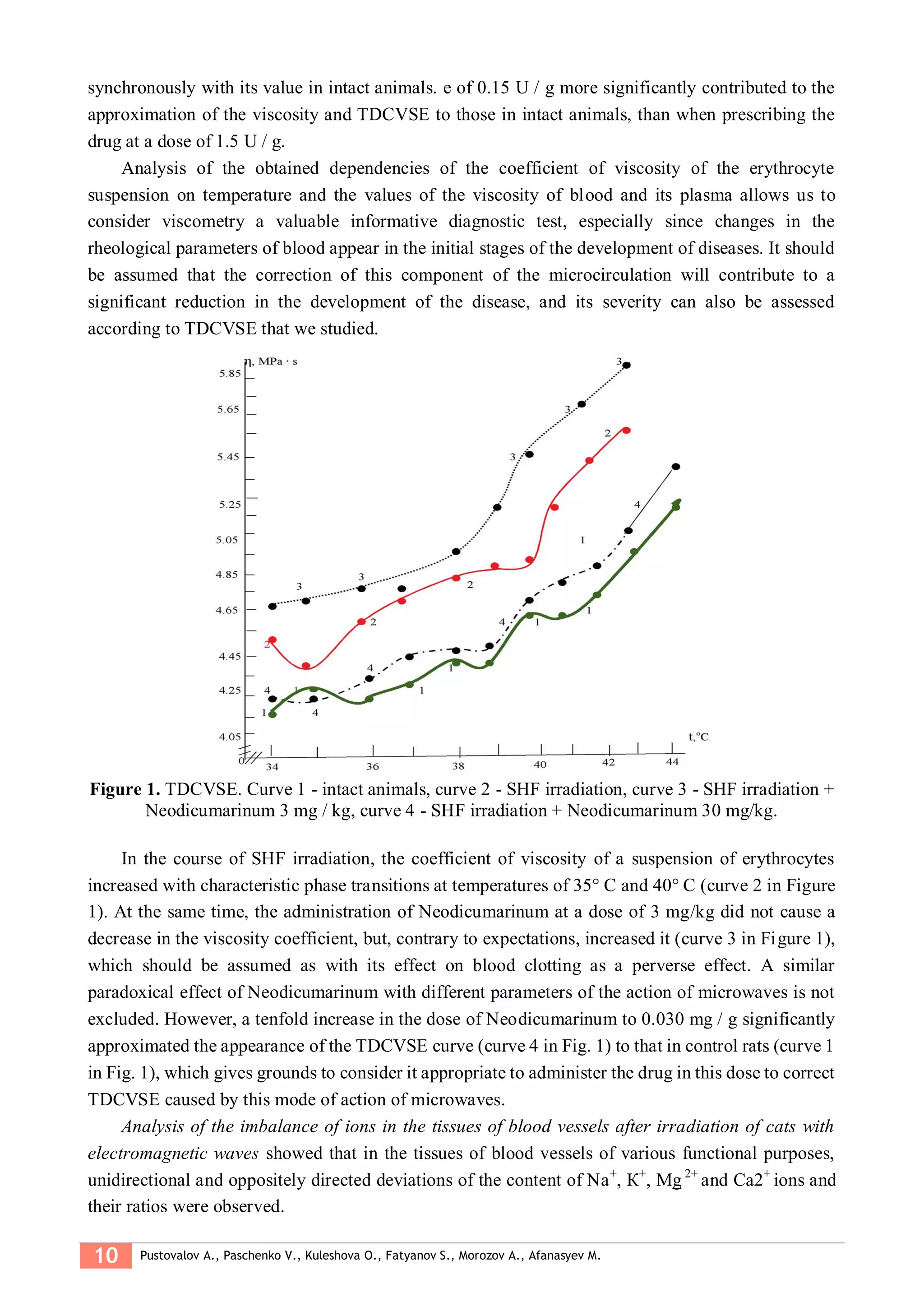 10 Pustovalov A., Paschenko V., Kuleshova O., Fatyanov S., Morozov A., Afanasyev M.
synchronously with its value in intact animals. e of 0.15 U / g more significantly contributed to the
approximation of the viscosity and TDCVSE to those in intact animals, than when prescribing the
drug at a dose of 1.5 U / g.
Analysis of the obtained dependencies of the coefficient of viscosity of the erythrocyte
suspension on temperature and the values of the viscosity of blood and its plasma allows us to
consider viscometry a valuable informative diagnostic test, especially since changes in the
rheological parameters of blood appear in the initial stages of the development of diseases. It should
be assumed that the correction of this component of the microcirculation will contribute to a
significant reduction in the development of the disease, and its severity can also be assessed
according to TDCVSE that we studied.
Figure 1. TDCVSE. Curve 1 - intact animals, curve 2 - SHF irradiation, curve 3 - SHF irradiation +
Neodicumarinum 3 mg / kg, curve 4 - SHF irradiation + Neodicumarinum 30 mg/kg.
In the course of SHF irradiation, the coefficient of viscosity of a suspension of erythrocytes
increased with characteristic phase transitions at temperatures of 35° C and 40° C (curve 2 in Figure
1). At the same time, the administration of Neodicumarinum at a dose of 3 mg/kg did not cause a
decrease in the viscosity coefficient, but, contrary to expectations, increased it (curve 3 in Figure 1),
which should be assumed as with its effect on blood clotting as a perverse effect. A similar
paradoxical effect of Neodicumarinum with different parameters of the action of microwaves is not
excluded. However, a tenfold increase in the dose of Neodicumarinum to 0.030 mg / g significantly
approximated the appearance of the TDCVSE curve (curve 4 in Fig. 1) to that in control rats (curve 1
in Fig. 1), which gives grounds to consider it appropriate to administer the drug in this dose to correct
TDCVSE caused by this mode of action of microwaves.
Analysis of the imbalance of ions in the tissues of blood vessels after irradiation of cats with
electromagnetic waves showed that in the tissues of blood vessels of various functional purposes,
unidirectional and oppositely directed deviations of the content of Nа+
, К+
, Mg 2+
and Са2+
ions and
their ratios were observed.
 