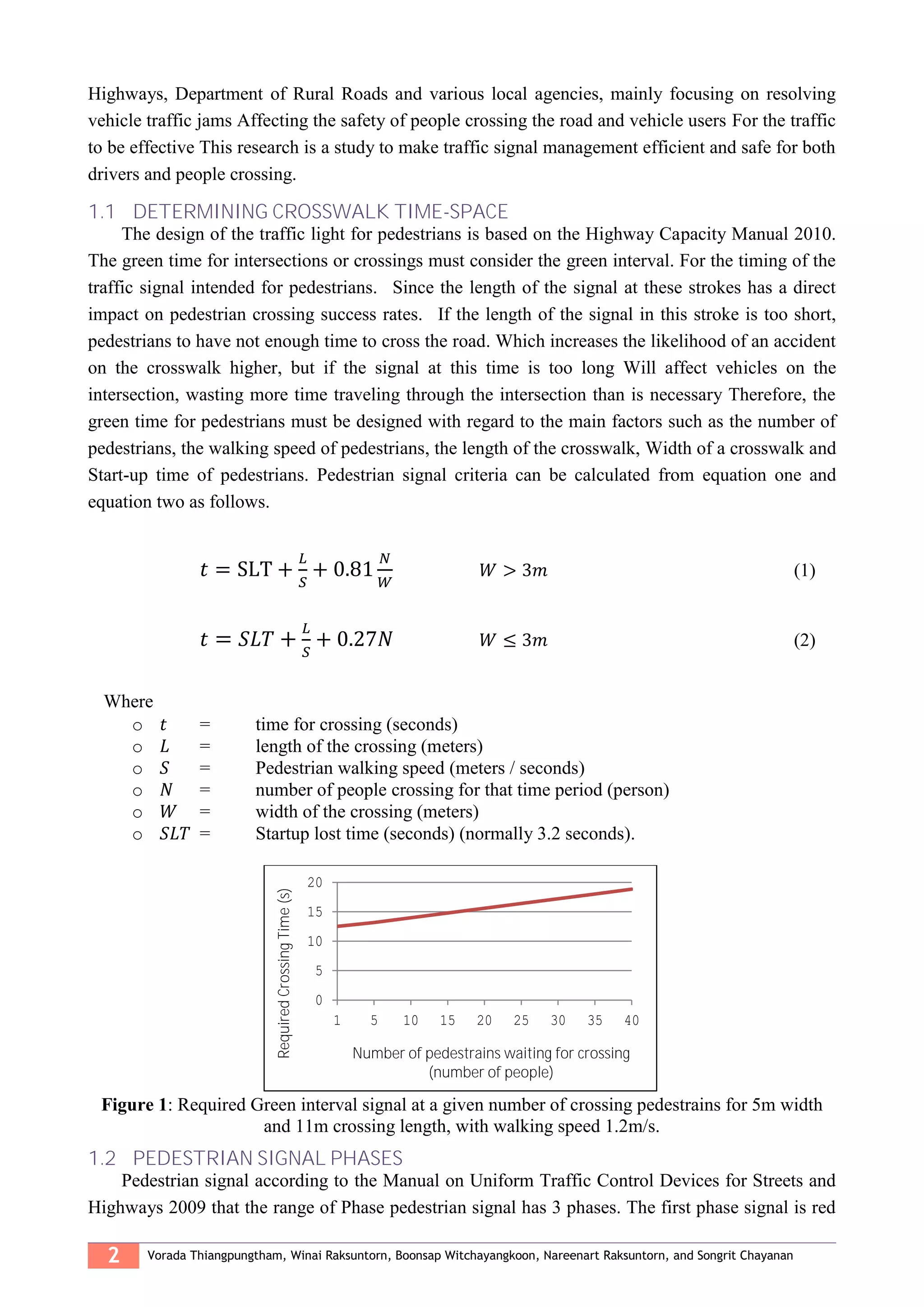 2 Vorada Thiangpungtham, Winai Raksuntorn, Boonsap Witchayangkoon, Nareenart Raksuntorn, and Songrit Chayanan
Highways, Department of Rural Roads and various local agencies, mainly focusing on resolving
vehicle traffic jams Affecting the safety of people crossing the road and vehicle users For the traffic
to be effective This research is a study to make traffic signal management efficient and safe for both
drivers and people crossing.
1.1 DETERMINING CROSSWALK TIME-SPACE
The design of the traffic light for pedestrians is based on the Highway Capacity Manual 2010.
The green time for intersections or crossings must consider the green interval. For the timing of the
traffic signal intended for pedestrians. Since the length of the signal at these strokes has a direct
impact on pedestrian crossing success rates. If the length of the signal in this stroke is too short,
pedestrians to have not enough time to cross the road. Which increases the likelihood of an accident
on the crosswalk higher, but if the signal at this time is too long Will affect vehicles on the
intersection, wasting more time traveling through the intersection than is necessary Therefore, the
green time for pedestrians must be designed with regard to the main factors such as the number of
pedestrians, the walking speed of pedestrians, the length of the crosswalk, Width of a crosswalk and
Start-up time of pedestrians. Pedestrian signal criteria can be calculated from equation one and
equation two as follows.
𝑡 = SLT +
𝐿
𝑆
+ 0.81
𝑁
𝑊
𝑊 > 3𝑚 (1)
𝑡 = 𝑆𝐿𝑇 +
𝐿
𝑆
+ 0.27𝑁 𝑊 ≤ 3𝑚 (2)
Where
o 𝑡 = time for crossing (seconds)
o 𝐿 = length of the crossing (meters)
o 𝑆 = Pedestrian walking speed (meters / seconds)
o 𝑁 = number of people crossing for that time period (person)
o 𝑊 = width of the crossing (meters)
o 𝑆𝐿𝑇 = Startup lost time (seconds) (normally 3.2 seconds).
Figure 1: Required Green interval signal at a given number of crossing pedestrains for 5m width
and 11m crossing length, with walking speed 1.2m/s.
1.2 PEDESTRIAN SIGNAL PHASES
Pedestrian signal according to the Manual on Uniform Traffic Control Devices for Streets and
Highways 2009 that the range of Phase pedestrian signal has 3 phases. The first phase signal is red
0
5
10
15
20
1 5 10 15 20 25 30 35 40
RequiredCrossingTime(s)
Number of pedestrains waiting for crossing
(number of people)
 