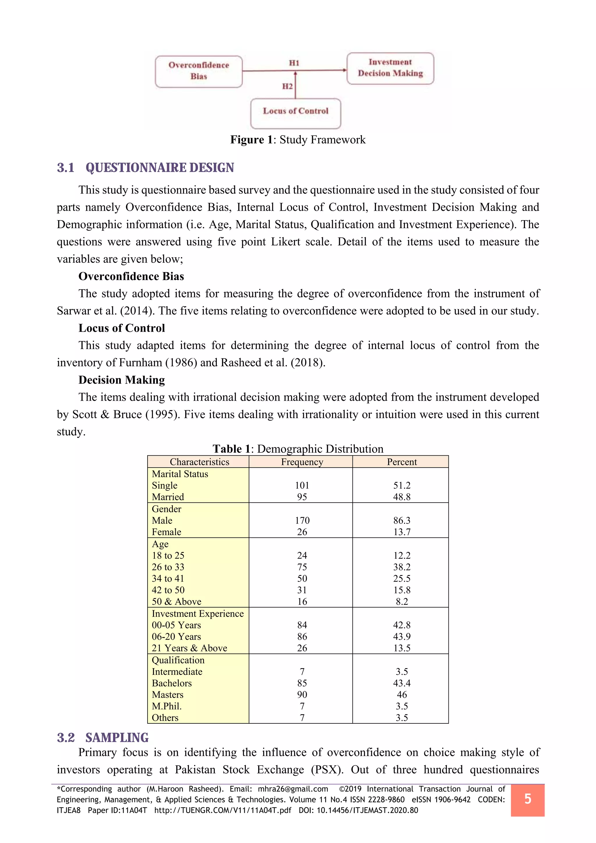 *Corresponding author (M.Haroon Rasheed). Email: mhra26@gmail.com ©2019 International Transaction Journal of
Engineering, Management, & Applied Sciences & Technologies. Volume 11 No.4 ISSN 2228-9860 eISSN 1906-9642 CODEN:
ITJEA8 Paper ID:11A04T http://TUENGR.COM/V11/11A04T.pdf DOI: 10.14456/ITJEMAST.2020.80
5
Figure 1: Study Framework
3.1 QUESTIONNAIRE DESIGN
This study is questionnaire based survey and the questionnaire used in the study consisted of four
parts namely Overconfidence Bias, Internal Locus of Control, Investment Decision Making and
Demographic information (i.e. Age, Marital Status, Qualification and Investment Experience). The
questions were answered using five point Likert scale. Detail of the items used to measure the
variables are given below;
Overconfidence Bias
The study adopted items for measuring the degree of overconfidence from the instrument of
Sarwar et al. (2014). The five items relating to overconfidence were adopted to be used in our study.
Locus of Control
This study adapted items for determining the degree of internal locus of control from the
inventory of Furnham (1986) and Rasheed et al. (2018).
Decision Making
The items dealing with irrational decision making were adopted from the instrument developed
by Scott & Bruce (1995). Five items dealing with irrationality or intuition were used in this current
study.
Table 1: Demographic Distribution
Characteristics Frequency Percent
Marital Status
Single
Married
101
95
51.2
48.8
Gender
Male
Female
170
26
86.3
13.7
Age
18 to 25
26 to 33
34 to 41
42 to 50
50 & Above
24
75
50
31
16
12.2
38.2
25.5
15.8
8.2
Investment Experience
00-05 Years
06-20 Years
21 Years & Above
84
86
26
42.8
43.9
13.5
Qualification
Intermediate
Bachelors
Masters
M.Phil.
Others
7
85
90
7
7
3.5
43.4
46
3.5
3.5
3.2 SAMPLING
Primary focus is on identifying the influence of overconfidence on choice making style of
investors operating at Pakistan Stock Exchange (PSX). Out of three hundred questionnaires
 