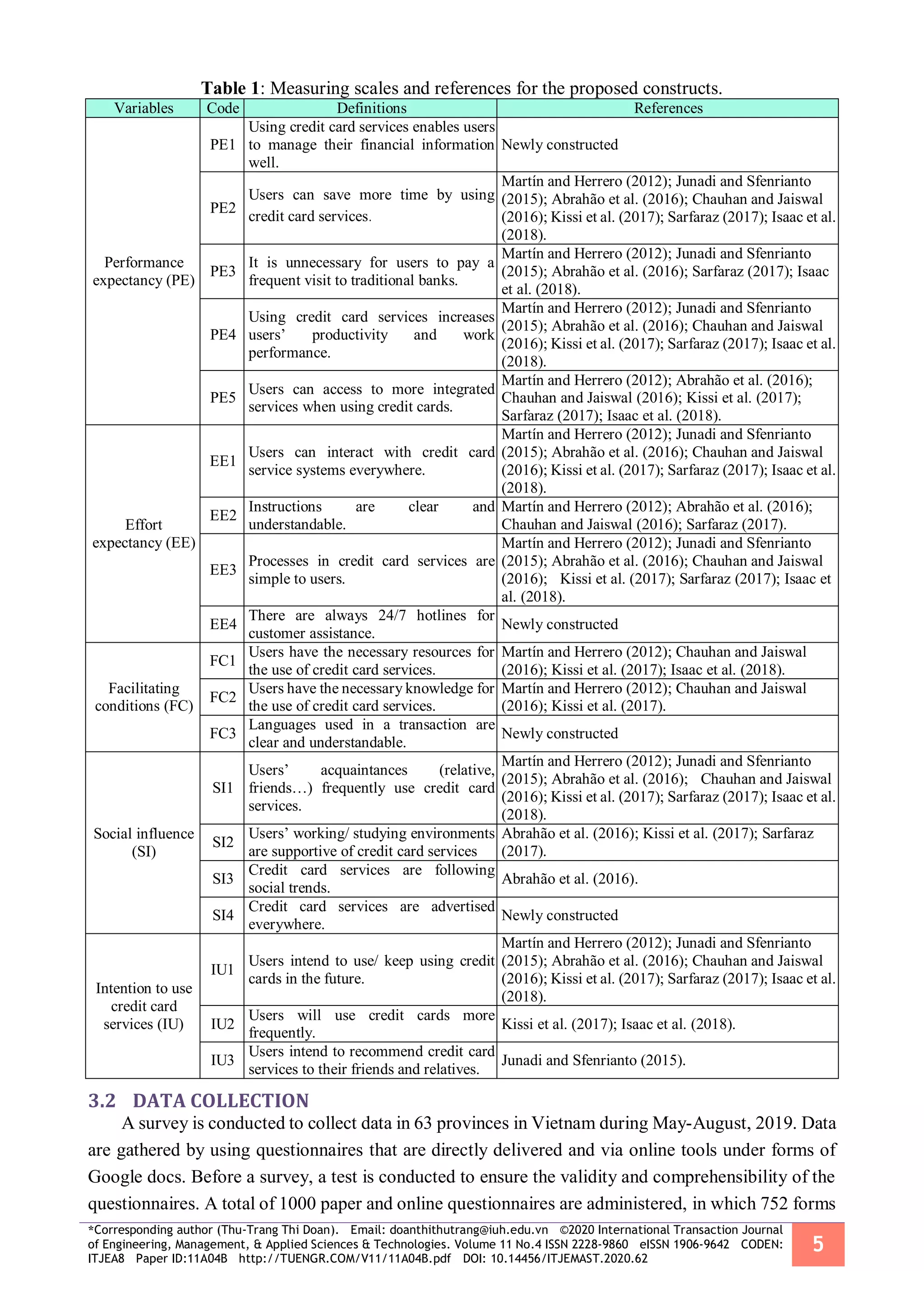 *Corresponding author (Thu-Trang Thi Doan). Email: doanthithutrang@iuh.edu.vn ©2020 International Transaction Journal
of Engineering, Management, & Applied Sciences & Technologies. Volume 11 No.4 ISSN 2228-9860 eISSN 1906-9642 CODEN:
ITJEA8 Paper ID:11A04B http://TUENGR.COM/V11/11A04B.pdf DOI: 10.14456/ITJEMAST.2020.62
5
Table 1: Measuring scales and references for the proposed constructs.
Variables Code Definitions References
Performance
expectancy (PE)
PE1
Using credit card services enables users
to manage their financial information
well.
Newly constructed
PE2
Users can save more time by using
credit card services.
Martín and Herrero (2012); Junadi and Sfenrianto
(2015); Abrahão et al. (2016); Chauhan and Jaiswal
(2016); Kissi et al. (2017); Sarfaraz (2017); Isaac et al.
(2018).
PE3
It is unnecessary for users to pay a
frequent visit to traditional banks.
Martín and Herrero (2012); Junadi and Sfenrianto
(2015); Abrahão et al. (2016); Sarfaraz (2017); Isaac
et al. (2018).
PE4
Using credit card services increases
users’ productivity and work
performance.
Martín and Herrero (2012); Junadi and Sfenrianto
(2015); Abrahão et al. (2016); Chauhan and Jaiswal
(2016); Kissi et al. (2017); Sarfaraz (2017); Isaac et al.
(2018).
PE5
Users can access to more integrated
services when using credit cards.
Martín and Herrero (2012); Abrahão et al. (2016);
Chauhan and Jaiswal (2016); Kissi et al. (2017);
Sarfaraz (2017); Isaac et al. (2018).
Effort
expectancy (EE)
EE1
Users can interact with credit card
service systems everywhere.
Martín and Herrero (2012); Junadi and Sfenrianto
(2015); Abrahão et al. (2016); Chauhan and Jaiswal
(2016); Kissi et al. (2017); Sarfaraz (2017); Isaac et al.
(2018).
EE2
Instructions are clear and
understandable.
Martín and Herrero (2012); Abrahão et al. (2016);
Chauhan and Jaiswal (2016); Sarfaraz (2017).
EE3
Processes in credit card services are
simple to users.
Martín and Herrero (2012); Junadi and Sfenrianto
(2015); Abrahão et al. (2016); Chauhan and Jaiswal
(2016); Kissi et al. (2017); Sarfaraz (2017); Isaac et
al. (2018).
EE4
There are always 24/7 hotlines for
customer assistance.
Newly constructed
Facilitating
conditions (FC)
FC1
Users have the necessary resources for
the use of credit card services.
Martín and Herrero (2012); Chauhan and Jaiswal
(2016); Kissi et al. (2017); Isaac et al. (2018).
FC2
Users have the necessary knowledge for
the use of credit card services.
Martín and Herrero (2012); Chauhan and Jaiswal
(2016); Kissi et al. (2017).
FC3
Languages used in a transaction are
clear and understandable.
Newly constructed
Social influence
(SI)
SI1
Users’ acquaintances (relative,
friends…) frequently use credit card
services.
Martín and Herrero (2012); Junadi and Sfenrianto
(2015); Abrahão et al. (2016); Chauhan and Jaiswal
(2016); Kissi et al. (2017); Sarfaraz (2017); Isaac et al.
(2018).
SI2
Users’ working/ studying environments
are supportive of credit card services
Abrahão et al. (2016); Kissi et al. (2017); Sarfaraz
(2017).
SI3
Credit card services are following
social trends.
Abrahão et al. (2016).
SI4
Credit card services are advertised
everywhere.
Newly constructed
Intention to use
credit card
services (IU)
IU1
Users intend to use/ keep using credit
cards in the future.
Martín and Herrero (2012); Junadi and Sfenrianto
(2015); Abrahão et al. (2016); Chauhan and Jaiswal
(2016); Kissi et al. (2017); Sarfaraz (2017); Isaac et al.
(2018).
IU2
Users will use credit cards more
frequently.
Kissi et al. (2017); Isaac et al. (2018).
IU3
Users intend to recommend credit card
services to their friends and relatives.
Junadi and Sfenrianto (2015).
3.2 DATA COLLECTION
A survey is conducted to collect data in 63 provinces in Vietnam during May-August, 2019. Data
are gathered by using questionnaires that are directly delivered and via online tools under forms of
Google docs. Before a survey, a test is conducted to ensure the validity and comprehensibility of the
questionnaires. A total of 1000 paper and online questionnaires are administered, in which 752 forms
 