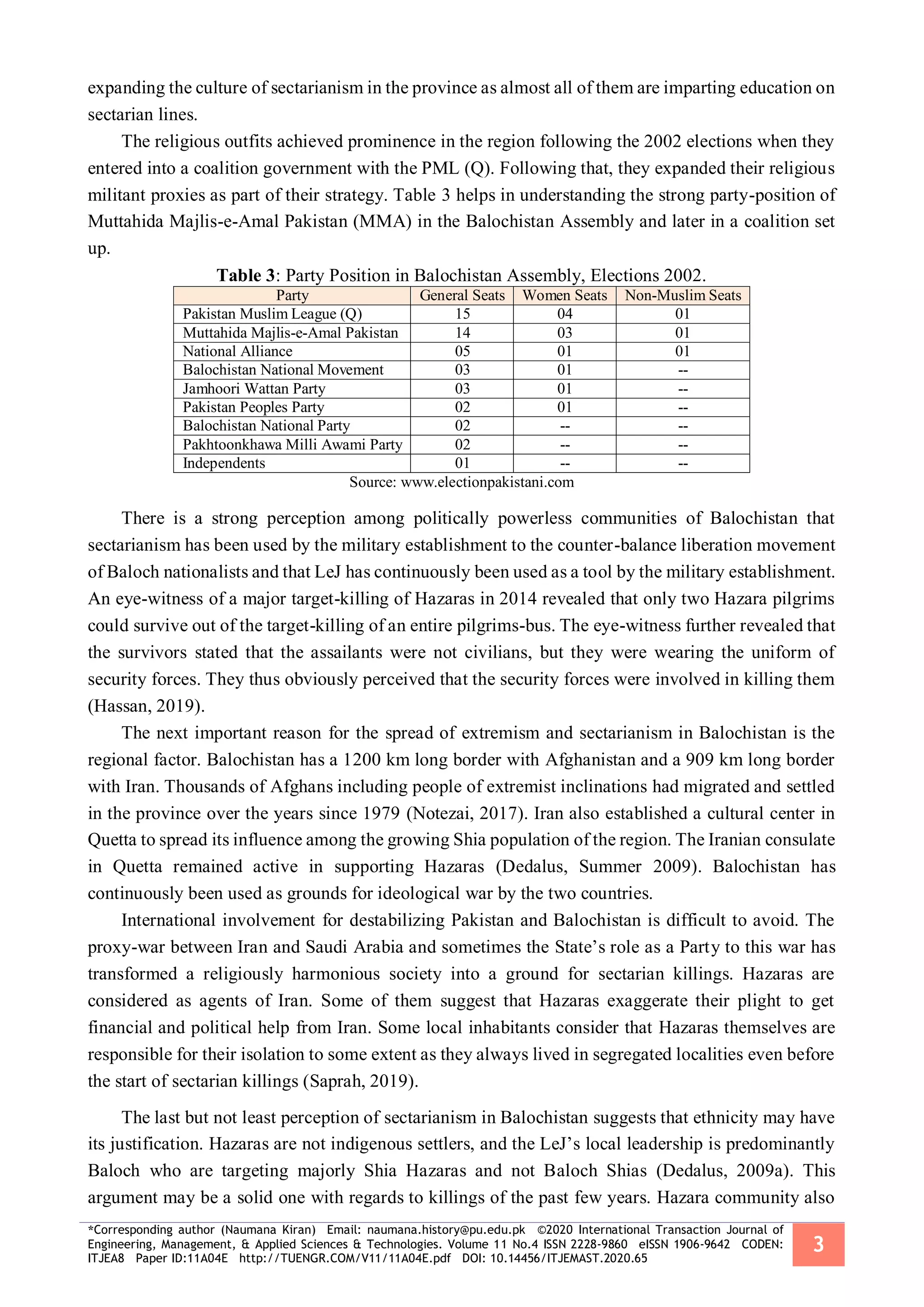 *Corresponding author (Naumana Kiran) Email: naumana.history@pu.edu.pk ©2020 International Transaction Journal of
Engineering, Management, & Applied Sciences & Technologies. Volume 11 No.4 ISSN 2228-9860 eISSN 1906-9642 CODEN:
ITJEA8 Paper ID:11A04E http://TUENGR.COM/V11/11A04E.pdf DOI: 10.14456/ITJEMAST.2020.65
3
expanding the culture of sectarianism in the province as almost all of them are imparting education on
sectarian lines.
The religious outfits achieved prominence in the region following the 2002 elections when they
entered into a coalition government with the PML (Q). Following that, they expanded their religious
militant proxies as part of their strategy. Table 3 helps in understanding the strong party-position of
Muttahida Majlis-e-Amal Pakistan (MMA) in the Balochistan Assembly and later in a coalition set
up.
Table 3: Party Position in Balochistan Assembly, Elections 2002.
Party General Seats Women Seats Non-Muslim Seats
Pakistan Muslim League (Q) 15 04 01
Muttahida Majlis-e-Amal Pakistan 14 03 01
National Alliance 05 01 01
Balochistan National Movement 03 01 --
Jamhoori Wattan Party 03 01 --
Pakistan Peoples Party 02 01 --
Balochistan National Party 02 -- --
Pakhtoonkhawa Milli Awami Party 02 -- --
Independents 01 -- --
Source: www.electionpakistani.com
There is a strong perception among politically powerless communities of Balochistan that
sectarianism has been used by the military establishment to the counter-balance liberation movement
of Baloch nationalists and that LeJ has continuously been used as a tool by the military establishment.
An eye-witness of a major target-killing of Hazaras in 2014 revealed that only two Hazara pilgrims
could survive out of the target-killing of an entire pilgrims-bus. The eye-witness further revealed that
the survivors stated that the assailants were not civilians, but they were wearing the uniform of
security forces. They thus obviously perceived that the security forces were involved in killing them
(Hassan, 2019).
The next important reason for the spread of extremism and sectarianism in Balochistan is the
regional factor. Balochistan has a 1200 km long border with Afghanistan and a 909 km long border
with Iran. Thousands of Afghans including people of extremist inclinations had migrated and settled
in the province over the years since 1979 (Notezai, 2017). Iran also established a cultural center in
Quetta to spread its influence among the growing Shia population of the region. The Iranian consulate
in Quetta remained active in supporting Hazaras (Dedalus, Summer 2009). Balochistan has
continuously been used as grounds for ideological war by the two countries.
International involvement for destabilizing Pakistan and Balochistan is difficult to avoid. The
proxy-war between Iran and Saudi Arabia and sometimes the State’s role as a Party to this war has
transformed a religiously harmonious society into a ground for sectarian killings. Hazaras are
considered as agents of Iran. Some of them suggest that Hazaras exaggerate their plight to get
financial and political help from Iran. Some local inhabitants consider that Hazaras themselves are
responsible for their isolation to some extent as they always lived in segregated localities even before
the start of sectarian killings (Saprah, 2019).
The last but not least perception of sectarianism in Balochistan suggests that ethnicity may have
its justification. Hazaras are not indigenous settlers, and the LeJ’s local leadership is predominantly
Baloch who are targeting majorly Shia Hazaras and not Baloch Shias (Dedalus, 2009a). This
argument may be a solid one with regards to killings of the past few years. Hazara community also
 