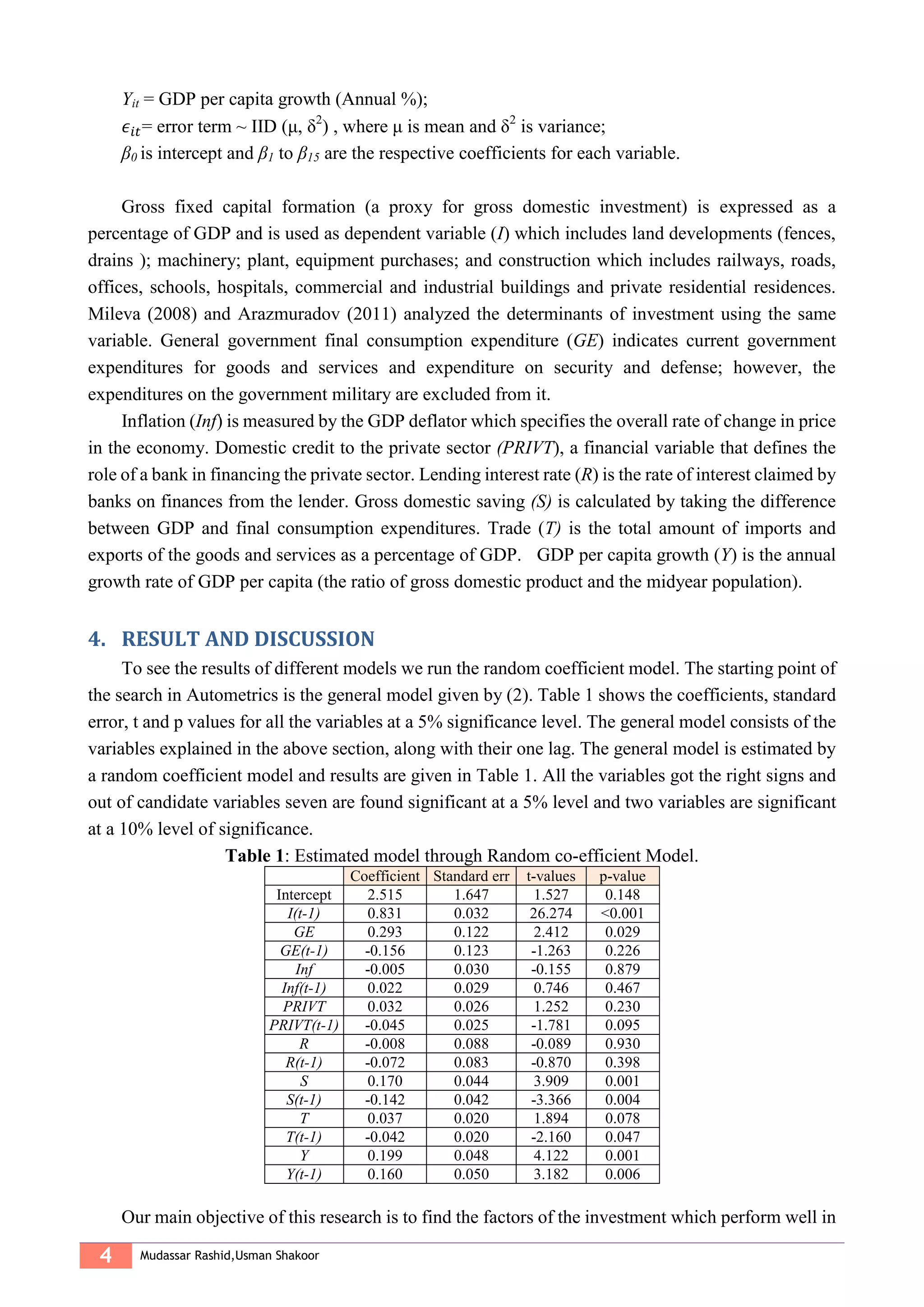 4 Mudassar Rashid,Usman Shakoor
Yit = GDP per capita growth (Annual %);
𝜖𝑖𝑡= error term ~ IID (μ, δ2
) , where μ is mean and δ2
is variance;
β0 is intercept and β1 to β15 are the respective coefficients for each variable.
Gross fixed capital formation (a proxy for gross domestic investment) is expressed as a
percentage of GDP and is used as dependent variable (I) which includes land developments (fences,
drains ); machinery; plant, equipment purchases; and construction which includes railways, roads,
offices, schools, hospitals, commercial and industrial buildings and private residential residences.
Mileva (2008) and Arazmuradov (2011) analyzed the determinants of investment using the same
variable. General government final consumption expenditure (GE) indicates current government
expenditures for goods and services and expenditure on security and defense; however, the
expenditures on the government military are excluded from it.
Inflation (Inf) is measured by the GDP deflator which specifies the overall rate of change in price
in the economy. Domestic credit to the private sector (PRIVT), a financial variable that defines the
role of a bank in financing the private sector. Lending interest rate (R) is the rate of interest claimed by
banks on finances from the lender. Gross domestic saving (S) is calculated by taking the difference
between GDP and final consumption expenditures. Trade (T) is the total amount of imports and
exports of the goods and services as a percentage of GDP. GDP per capita growth (Y) is the annual
growth rate of GDP per capita (the ratio of gross domestic product and the midyear population).
4. RESULT AND DISCUSSION
To see the results of different models we run the random coefficient model. The starting point of
the search in Autometrics is the general model given by (2). Table 1 shows the coefficients, standard
error, t and p values for all the variables at a 5% significance level. The general model consists of the
variables explained in the above section, along with their one lag. The general model is estimated by
a random coefficient model and results are given in Table 1. All the variables got the right signs and
out of candidate variables seven are found significant at a 5% level and two variables are significant
at a 10% level of significance.
Table 1: Estimated model through Random co-efficient Model.
Coefficient Standard err t-values p-value
Intercept 2.515 1.647 1.527 0.148
I(t-1) 0.831 0.032 26.274 <0.001
GE 0.293 0.122 2.412 0.029
GE(t-1) -0.156 0.123 -1.263 0.226
Inf -0.005 0.030 -0.155 0.879
Inf(t-1) 0.022 0.029 0.746 0.467
PRIVT 0.032 0.026 1.252 0.230
PRIVT(t-1) -0.045 0.025 -1.781 0.095
R -0.008 0.088 -0.089 0.930
R(t-1) -0.072 0.083 -0.870 0.398
S 0.170 0.044 3.909 0.001
S(t-1) -0.142 0.042 -3.366 0.004
T 0.037 0.020 1.894 0.078
T(t-1) -0.042 0.020 -2.160 0.047
Y 0.199 0.048 4.122 0.001
Y(t-1) 0.160 0.050 3.182 0.006
Our main objective of this research is to find the factors of the investment which perform well in
 