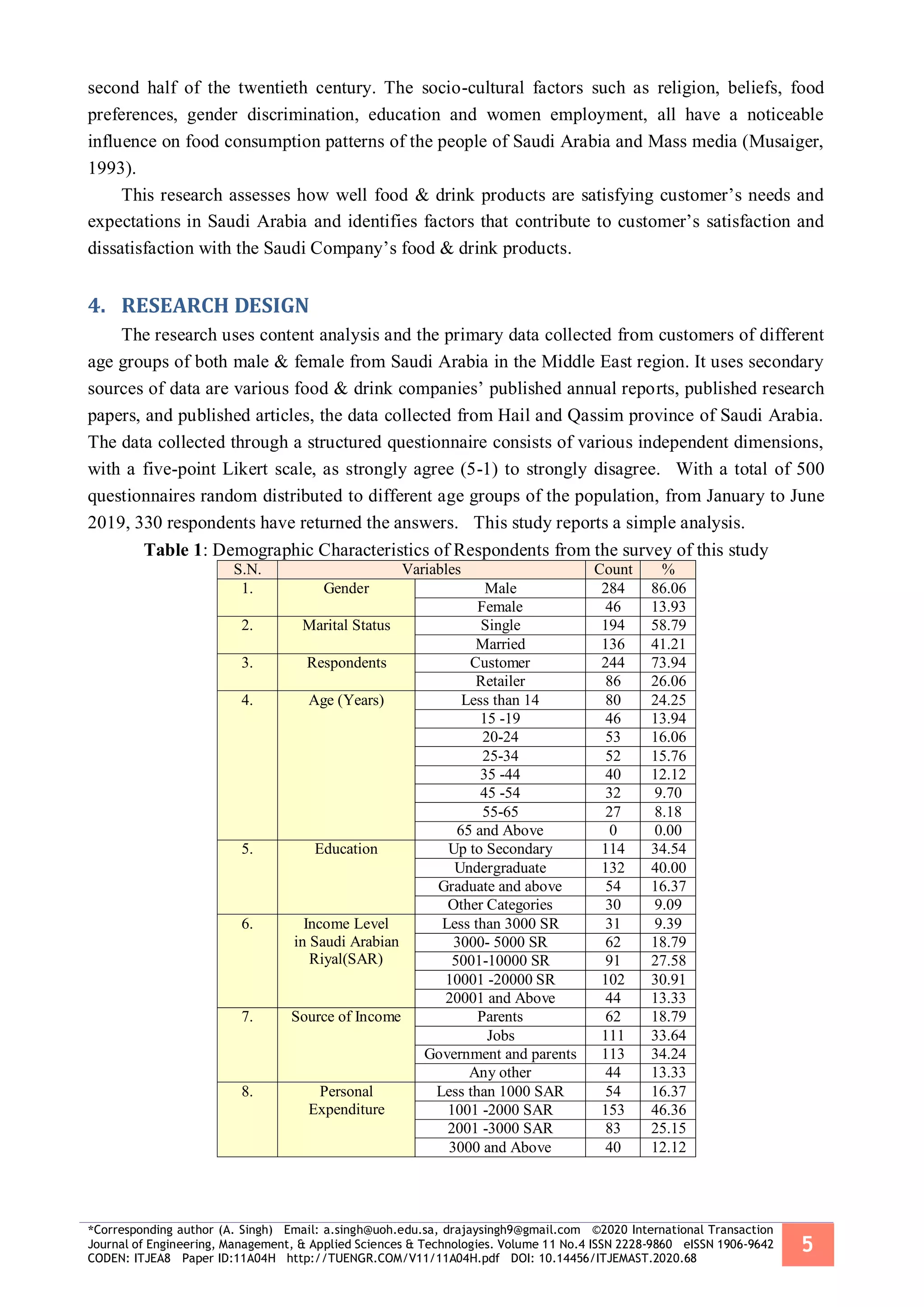 *Corresponding author (A. Singh) Email: a.singh@uoh.edu.sa, drajaysingh9@gmail.com ©2020 International Transaction
Journal of Engineering, Management, & Applied Sciences & Technologies. Volume 11 No.4 ISSN 2228-9860 eISSN 1906-9642
CODEN: ITJEA8 Paper ID:11A04H http://TUENGR.COM/V11/11A04H.pdf DOI: 10.14456/ITJEMAST.2020.68
5
second half of the twentieth century. The socio-cultural factors such as religion, beliefs, food
preferences, gender discrimination, education and women employment, all have a noticeable
influence on food consumption patterns of the people of Saudi Arabia and Mass media (Musaiger,
1993).
This research assesses how well food & drink products are satisfying customer’s needs and
expectations in Saudi Arabia and identifies factors that contribute to customer’s satisfaction and
dissatisfaction with the Saudi Company’s food & drink products.
4. RESEARCH DESIGN
The research uses content analysis and the primary data collected from customers of different
age groups of both male & female from Saudi Arabia in the Middle East region. It uses secondary
sources of data are various food & drink companies’ published annual reports, published research
papers, and published articles, the data collected from Hail and Qassim province of Saudi Arabia.
The data collected through a structured questionnaire consists of various independent dimensions,
with a five-point Likert scale, as strongly agree (5-1) to strongly disagree. With a total of 500
questionnaires random distributed to different age groups of the population, from January to June
2019, 330 respondents have returned the answers. This study reports a simple analysis.
Table 1: Demographic Characteristics of Respondents from the survey of this study
S.N. Variables Count %
1. Gender Male 284 86.06
Female 46 13.93
2. Marital Status Single 194 58.79
Married 136 41.21
3. Respondents Customer 244 73.94
Retailer 86 26.06
4. Age (Years) Less than 14 80 24.25
15 -19 46 13.94
20-24 53 16.06
25-34 52 15.76
35 -44 40 12.12
45 -54 32 9.70
55-65 27 8.18
65 and Above 0 0.00
5. Education Up to Secondary 114 34.54
Undergraduate 132 40.00
Graduate and above 54 16.37
Other Categories 30 9.09
6. Income Level
in Saudi Arabian
Riyal(SAR)
Less than 3000 SR 31 9.39
3000- 5000 SR 62 18.79
5001-10000 SR 91 27.58
10001 -20000 SR 102 30.91
20001 and Above 44 13.33
7. Source of Income Parents 62 18.79
Jobs 111 33.64
Government and parents 113 34.24
Any other 44 13.33
8. Personal
Expenditure
Less than 1000 SAR 54 16.37
1001 -2000 SAR 153 46.36
2001 -3000 SAR 83 25.15
3000 and Above 40 12.12
 