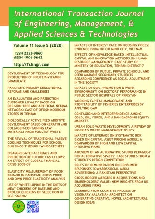 Volume 11 Issue 5 (2020)
ISSN 2228-9860
eISSN 1906-9642
http://TuEngr.com
DEVELOPMENT OF TECHNOLOGY FOR
PRODUCTION OF PROTEIN-VITAMIN
GRANULATE
PAKISTAN'S PRIMARY EDUCATIONAL
REFORMS AND CHALLENGES
AN EVALUATION AND PREDICTION
CUSTOMER LOYALTY BASED ON
DECISION TREE AND ARTIFICIAL NEURAL
NETWORK: CASE OF OFOGH KOOROSH
STORES IN TEHRAN
BIOLOGICALLY ACTIVE FEED ADDITIVE
DEVELOPMENT BASED ON KERATIN AND
COLLAGEN-CONTAINING RAW
MATERIALS FROM POULTRY WASTE
THE REVIVAL OF TRADITIONAL PASSIVE
COOLING TECHNIQUES FOR SCHOOL
BUILDINGS THROUGH WINDCATCHERS
DISAGGREGATED ACCRUALS AND
PREDICTION OF FUTURE CASH FLOWS:
AN EFFECT OF GLOBAL FINANCIAL
CRISIS 2008-09
ELASTICITY MEASUREMENT OF FOOD
DEMAND IN PAKISTAN: CROSS-PRICE
AND OWN PRICE ELASTICITY ANALYSIS
USE OF WHITE LUPINE IN THE DIETS OF
MEAT CHICKENS OF BASELINE AND
BROILER CHICKENS OF SELECTION OF
SGC "SMENA"
IMPACTS OF INTEREST RATE ON HOUSING PRICES:
EVIDENCE FROM HO CHI MINH CITY, VIETNAM
EFFECTS OF KNOWLEDGE-BASED, INTELLECTUAL
CAPITAL AND INNOVATION METHODS ON HUMAN
RESOURCE MANAGEMENT: CASE STUDY OF
MINISTRY OF EDUCATION, TEHRAN DISTRICT 7
COMPARISON OF PUBLIC, PRIVATE SCHOOLS, AND
DEENI MADARIS SECONDARY STUDENTS
REGARDING CONFIDENCE AS SOCIAL ADJUSTMENT
IN THE SOCIETY
IMPACTS OF QWL (PROMOTION & WORK
ENVIRONMENT) ON DOCTORS' PERFORMANCE IN
PUBLIC SECTOR HOSPITALS OF PAKISTAN
WORKING CAPITAL MANAGEMENT AND
PROFITABILITY OF FISHERIES ENTERPRISES BY
APPLYING GMM
CONTAGION AND INTERDEPENDENCE AMONG
GOLD, OIL, FOREX, AND ASIAN EMERGING EQUITY
MARKETS
URBAN SOLID WASTE DEVELOPMENT: A REVIEW OF
NIGERIA'S WASTE MANAGEMENT POLICY
IMPACTS OF LEVERAGE ON SYSTEMATIC RISK
BASED ON CAPITAL ASSET PRICING MODEL: A
COMPARISON OF HIGH AND LOW CAPITAL
INTENSIVE FIRMS
A REVIEW OF AN ALTERNATIVE STUDIO PEDAGOGY
FOR ALTERNATIVE SPACES: CASE STUDIES FROM A
STUDENT'S DESIGN COMPETITION
ROLES OF REMUNERATION ON CONSUMER
RESPONSES TOWARDS SOCIAL MEDIA
ADVERTISING: A PAKISTANI PERSPECTIVE
CROSS-BORDER MERGERS & ACQUISITIONS AND
SHAREHOLDERS' VALUE: NEW INSIGHTS FROM UK
ACQUIRING FIRMS
LEARNING FROM COGNITIVE PROCESS OF
VISIONARY MALAYSIAN ARCHITECT ON
GENERATING CREATIVE, NOVEL ARCHITECTURAL
DESIGN IDEAS
 
