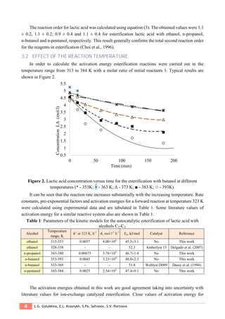 4 L.G. Golubkina, E.L. Krasnykh, S.Pa. Safronov, S.V. Portnova
The reaction order for lactic acid was calculated using equation (3). The obtained values were 1.1
± 0.2, 1.1 ± 0.2; 0.9 ± 0.4 and 1.1 ± 0.4 for esterification lactic acid with ethanol, n-propanol,
n-butanol and n-pentanol, respectively. This result generally confirms the total second reaction order
for the reagents in esterification (Choi et al., 1996).
3.2 EFFECT OF THE REACTION TEMPERATURE
In order to calculate the activation energy esterification reactions were carried out in the
temperature range from 313 to 384 K with a molar ratio of initial reactants 1. Typical results are
shown in Figure 2.
Figure 2. Lactic acid concentration versus time for the esterification with butanol at different
temperatures (* - 353K; × - 363 K; Δ - 373 K; ■ - 383 K; ○ - 393K).
It can be seen that the reaction rate increases substantially with the increasing temperature. Rate
constants, pre-exponential factors and activation energies for a forward reaction at temperature 323 K
were calculated using experimental data and are tabulated in Table 1. Some literature values of
activation energy for a similar reactive system also are shown in Table 1.
Table 1: Parameters of the kinetic models for the autocatalytic esterification of lactic acid with
alcohols C2-C5.
Alcohol
Temperature
range, K
𝑘′ at 323 K, h-1
𝐴, mol l-1
h-1
Ea, kJ/mol Catalyst Reference
ethanol 313-353 0.0057 4.00×104
45.5±3.1 No This work
ethanol 328-358 - - 52.3 Amberlyst 15 Delgado et al. (2007)
n-propanol 343-380 0.00675 3.76×104
46.7±1.4 No This work
n-butanol 353-393 0.0045 3.23×104
48.0±2.3 No This work
n-butanol 333-369 - - 51.8 Weblyst D009 Dassy et al. (1994)
n-pentanol 343-384 0.0025 2.54×104
47.4±9.1 No This work
The activation energies obtained in this work are good agreement taking into uncertainty with
literature values for ion-exchange catalyzed esterification. Close values of activation energy for
0.5
1
1.5
2
2.5
3
3.5
4
4.5
5
5.5
0 50 100 150 200
ConcentrationLA(mol/l)
Time (min)
 