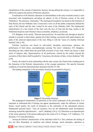 6 Sergei I. Belentsov, Nadezhda V. Tarasova, Oksana U. Brazhnik, Svetlana V. Nikitina
interpretation of the concept of patriotism, because, having defined the essence, it is impossible to
effectively organize the process of Patriotic education.
Consideration of the Patriotic education of schoolchildren in the early twentieth century is also
associated with comprehension pervading all spheres of life of Russian society of the triad
"Orthodoxy. The autocracy. Nationality." The ideological Foundation was based on the formation of
Holy Russia, the true Orthodox state. Conservative views on all the public components defined the
unity of the Church and the state, United by the sense of the Orthodox faith. The fundamental
characteristics of a true citizen of the state were the love of God and the king, loyalty to the
Fatherland, based on such Christian virtues as humility, obedience, asceticism.
S.N. Bulgakov in his article, "Heroism and asceticism," he noted that only through an attentive
attitude to yourself, to their duties, getting rid of false feelings, associated with undervaluation, the
pride of the achieved improvement of the soul, filling it with the "sense of a healthy Christian
humility" [40, p. 49].
Christian asceticism was based on self-control, discipline, perseverance, patience, the
performance of their duties, uncomplainingly carrying "his cross", obedience. S.N. Bulgakov,
describing the idea, talked about the good faith execution of any work, which was always a deep
sense of religious duty. Representatives of all professions, noticed by the author, beyond the
execution of their duties shall be guided by "conscience, the dictates of duty, to bear obedience" [40,
p.54].
Family, the school in close relationship with the state, society, the Church took a leading part in
the formation of the Patriotic characteristics of the younger generation. The specific historical
conditions of social life determined their dominant role [86, 87, 94].
The leading components in the personality structure are presented in Figure 2.
Figure 2: Personality Structure.
The pedagogical interpretation of patriotism as the moral component of the personality, it is
important to understand that if feelings can appear spontaneously, under the influence of certain
factors, moral quality, the result of formation at the realization of the educational process,
fundamental personal factor. "Like all emotions, love for the Motherland needs development,
nurturing, normal the right direction", – said V. Radetsky [134, p. 12]. Patriotism is an important part
of the moral education of the person addressed in the works of N.A. Pirogov, V.P. Vakhterov, V.J.
Stounina, V.N. Forty-Rosinskaya.
Among the Patriotic characteristics of the individual child N.A. Pies celebrates the feeling of
love for their Homeland, its traditions and cultural heritage, moral principles, aspiration to
 