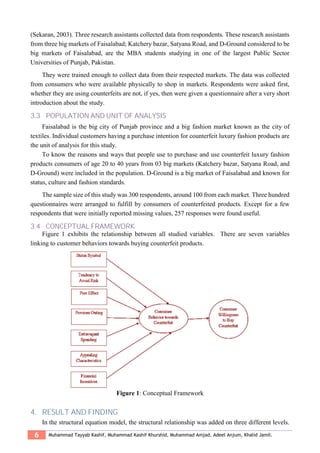 6 Muhammad Tayyab Kashif, Muhammad Kashif Khurshid, Muhammad Amjad, Adeel Anjum, Khalid Jamil.
(Sekaran, 2003). Three research assistants collected data from respondents. These research assistants
from three big markets of Faisalabad; Katchery bazar, Satyana Road, and D-Ground considered to be
big markets of Faisalabad, are the MBA students studying in one of the largest Public Sector
Universities of Punjab, Pakistan.
They were trained enough to collect data from their respected markets. The data was collected
from consumers who were available physically to shop in markets. Respondents were asked first,
whether they are using counterfeits are not, if yes, then were given a questionnaire after a very short
introduction about the study.
3.3 POPULATION AND UNIT OF ANALYSIS
Faisalabad is the big city of Punjab province and a big fashion market known as the city of
textiles. Individual customers having a purchase intention for counterfeit luxury fashion products are
the unit of analysis for this study.
To know the reasons and ways that people use to purchase and use counterfeit luxury fashion
products consumers of age 20 to 40 years from 03 big markets (Katchery bazar, Satyana Road, and
D-Ground) were included in the population. D-Ground is a big market of Faisalabad and known for
status, culture and fashion standards.
The sample size of this study was 300 respondents, around 100 from each market. Three hundred
questionnaires were arranged to fulfill by consumers of counterfeited products. Except for a few
respondents that were initially reported missing values, 257 responses were found useful.
3.4 CONCEPTUAL FRAMEWORK
Figure 1 exhibits the relationship between all studied variables. There are seven variables
linking to customer behaviors towards buying counterfeit products.
Figure 1: Conceptual Framework
4. RESULT AND FINDING
In the structural equation model, the structural relationship was added on three different levels.
 