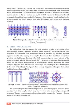 8 Ahmed Abdulwahid Dhannoon Taha, Oday Qusay Abdulqader
overall frame. Therefore, each case has one to three units and elements of metal ornaments that
included repetition principles. The coding of the traditional houses, metalwork, units, and elements
follow the case number. The traditional houses coded from (H1 to H10). The metalwork coded by
numbers attached to the case number, such as, H4-1 which presents the first sample of metal
ornament in the traditional house number H4. Figure no. 5 shows samples of formal visual analysis by
graphical method. The figures produced using AutoCAD software, which gave accurate results of
drawings.
H5-2 H4-3 H4-1 H4-2
Figure 5: Sample of visual analysis that used to collect data form visual sources.
(Source: The researchers)
5. RESULT AND DISCUSSION
The results of the visual analysis show that metal ornaments included the repetition principle
associated with hierarchy, symmetry, reflection, rhythm, and scale. The perfect repetition type
included in 27% of samples from the traditional houses in old Mosul city, while the imperfect
repetition included in the majority of the samples. These results show the relations of repetition
principles with the Islamic architectural style, which principles reflect the variety and unity of the
style (Al-Qemaqchi & Hafsa, 2013; Foroozani, 1991). The samples included more than one essential
shape, unit, and element, which presented in the curve-shape, S-shape, Heart-shape, and leaner
elements. The overall frame of the repetition is basic shape, such as rectangular (61%), Parallelogram
(12%), circle (9%), and arc (18%). Figure 6 shows a variety of repetition and shape in the Mosulian
traditional houses (Thanoon, 2007).
Figure 6: the variety in using repetition principles in the metal ornament of Mosulian traditional
houses. (Source: the researchers)
The results highlighted the direction of repetition, in which the majority is leaner and matrix
direction. Most of the samples include more than two steps in the process of generating metal
ornaments. The steps of generating depending on the repetition principle also. Figure no. 7 shows a
sample of these steps and how it works.
 