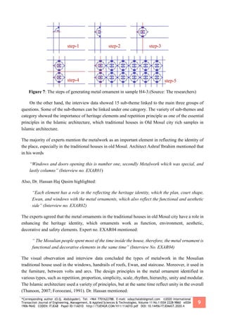 *Corresponding author (O.Q. Abdulqader). Tel: +964 7701622788. E-mail: odaychalabi@gmail.com ©2020 International
Transaction Journal of Engineering, Management, & Applied Sciences & Technologies. Volume 11 No.1 ISSN 2228-9860 eISSN
1906-9642 CODEN: ITJEA8 Paper ID:11A01D http://TUENGR.COM/V11/11A01D.pdf DOI: 10.14456/ITJEMAST.2020.4
9
Figure 7: The steps of generating metal ornament in sample H4-3.(Source: The researchers)
On the other hand, the interview data showed 15 sub-theme linked to the main three groups of
questions. Some of the sub-themes can be linked under one category. The variety of sub-themes and
category showed the importance of heritage elements and repetition principle as one of the essential
principles in the Islamic architecture, which traditional houses in Old Mosul city rich samples in
Islamic architecture.
The majority of experts mention the metalwork as an important element in reflecting the identity of
the place, especially in the traditional houses in old Mosul. Architect Ashraf Ibrahim mentioned that
in his words
“Windows and doors opening this is number one, secondly Metalwork which was special, and
lastly columns” (Interview no. EXAR01)
Also, Dr. Hassan Haj Qasim highlighted:
“Each element has a role in the reflecting the heritage identity, which the plan, court shape,
Ewan, and windows with the metal ornaments, which also reflect the functional and aesthetic
side” (Interview no. EXAR02)
The experts agreed that the metal ornaments in the traditional houses in old Mosul city have a role in
enhancing the heritage identity, which ornaments work as function, environment, aesthetic,
decorative and safety elements. Expert no. EXAR04 mentioned:
“ The Mosulian people spent most of the time inside the house, therefore, the metal ornament is
functional and decorative elements in the same time” (Interview No. EXAR04)
The visual observation and interview data concluded the types of metalwork in the Mosulian
traditional house used in the windows, handrails of roofs, Ewan, and staircase. Moreover, it used in
the furniture, between volts and arcs. The design principles in the metal ornament identified in
various types, such as repetition, proportion, simplicity, scale, rhythm, hierarchy, unity and modular.
The Islamic architecture used a variety of principles, but at the same time reflect unity in the overall
(Thanoon, 2007; Foroozani, 1991). Dr. Hassan mentioned:
 