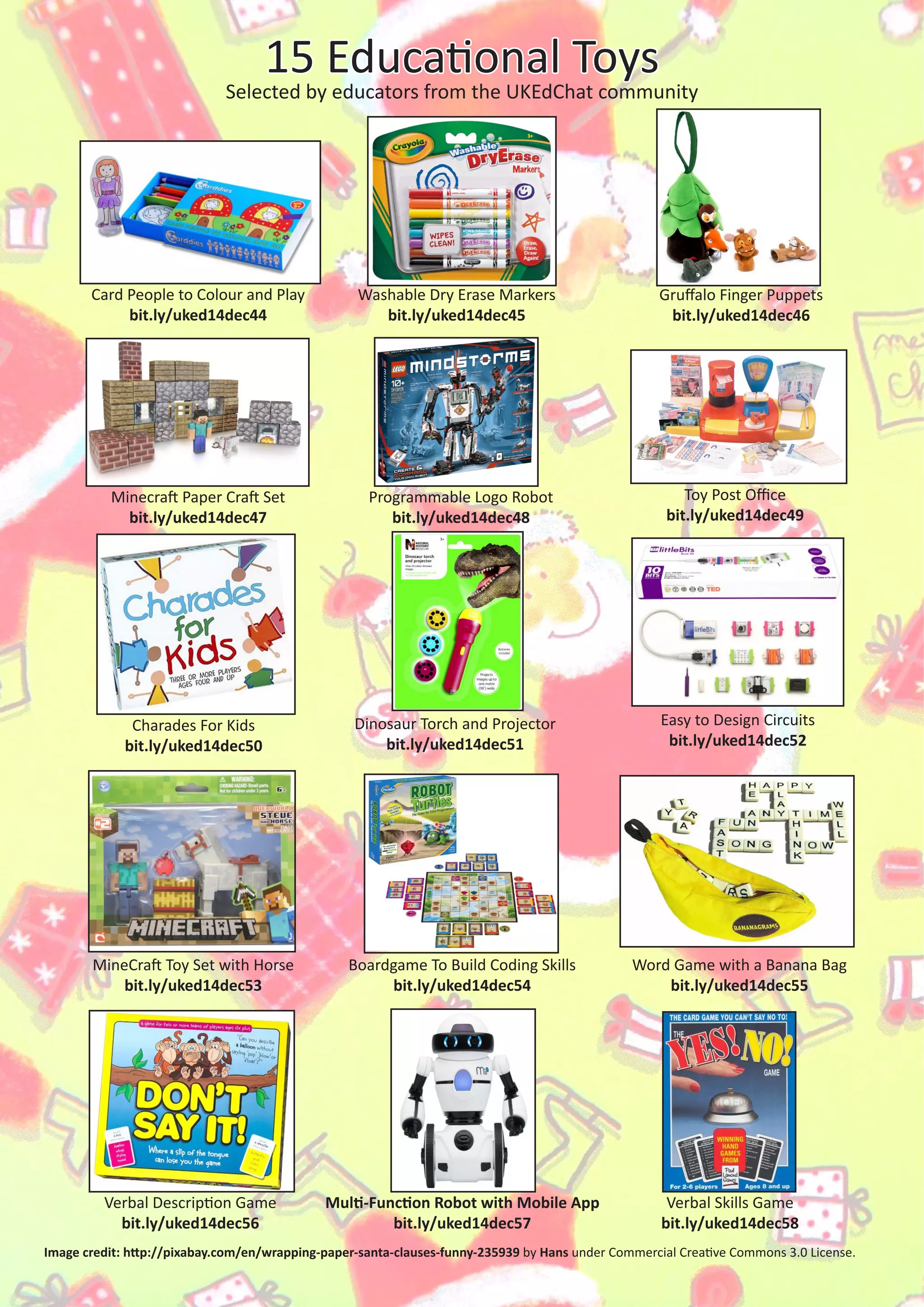 Card People to Colour and Play
bit.ly/uked14dec44
Washable Dry Erase Markers
bit.ly/uked14dec45
Gruffalo Finger Puppets
bit.ly/uked14dec46
Minecraft Paper Craft Set
bit.ly/uked14dec47
Programmable Logo Robot
bit.ly/uked14dec48
Toy Post Office
bit.ly/uked14dec49
Charades For Kids
bit.ly/uked14dec50
Dinosaur Torch and Projector
bit.ly/uked14dec51
Easy to Design Circuits
bit.ly/uked14dec52
Image credit: http://pixabay.com/en/wrapping-paper-santa-clauses-funny-235939 by Hans under Commercial Creative Commons 3.0 License.
MineCraft Toy Set with Horse
bit.ly/uked14dec53
Word Game with a Banana Bag
bit.ly/uked14dec55
Boardgame To Build Coding Skills
bit.ly/uked14dec54
Verbal Description Game
bit.ly/uked14dec56
Verbal Skills Game
bit.ly/uked14dec58
Multi-Function Robot with Mobile App
bit.ly/uked14dec57
15 Educational Toys
Selected by educators from the UKEdChat community
 