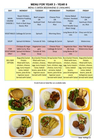 Issue 16/Page 13
MENU FOR YEAR 3 - YEAR 6
MENU 2 (WEEK BEGINNING 12 JANUARY)
DAY MONDAY TUESDAY WEDNESDAY THURSDAY FRIDAY
MAIN
COURSE
CHOOSE 1
Roast Chicken,
Yorkshire Pudding
OR
Pork in Dark Soya
Sauce, Rice
Beef Lasagne
OR
Seafood Fried
Rice
Cheese Pizza
OR
Pork with Onion,
Rice
Honey Baked
Chicken, Sautéed
Potato
OR
Pork Noodle Soup
(Nam Vang)
Pork burger
OR
Szechuan Chick-
en, Rice
VEGETABLES Cabbage & Carrots Spinach Morning Glory
Long Beans & Car-
rots
Choy sum & Car-
rots
SOUP Spinach & Melon Tomato & Tofu Cabbage & Carrot Spinach Watercress
FOR
VEGETARIAN
ONLY
Chickpea & Vege-
table Curry, Rice
Spinach & Melon
Soup
Vegetarian Lasa-
gne
Tomato & Tofu
Soup
Cheese Pizza
Cabbage & Carrot
Soup
Vegetarian Noo-
dle Soup
Long Beans & Car-
rots
Aloo Tikki Burger
Watercress Soup
DELI BAR
OPTION
Baguette/Jacket
Potato
filled with ham,
chicken, cheese,
egg, tuna mayon-
naise, baked
beans, peas & bo-
lognese sauce
Served with Salad
Bun/Jacket Potato
filled with ham,
chicken, cheese,
egg, tuna mayon-
naise, baked
beans, peas & bo-
lognese sauce
Served with Salad
Wrap/Jacket Pota-
to
filled with bacon,
ham, chicken, egg,
cheese, tuna may-
onnaise, baked
beans, peas & bo-
lognese sauce
Served with Salad
Bun/Jacket Potato
filled with ham,
chicken, cheese,
egg, tuna mayon-
naise, baked
beans,
peas & bolognese
sauce
Served with Salad
Baguette/Jacket
Potato
filled with ham,
chicken, cheese,
egg, tuna mayon-
naise, baked
beans, peas &
bolognese sauce
Served with Salad
Fresh Fruits & Salad Bar are available daily
 